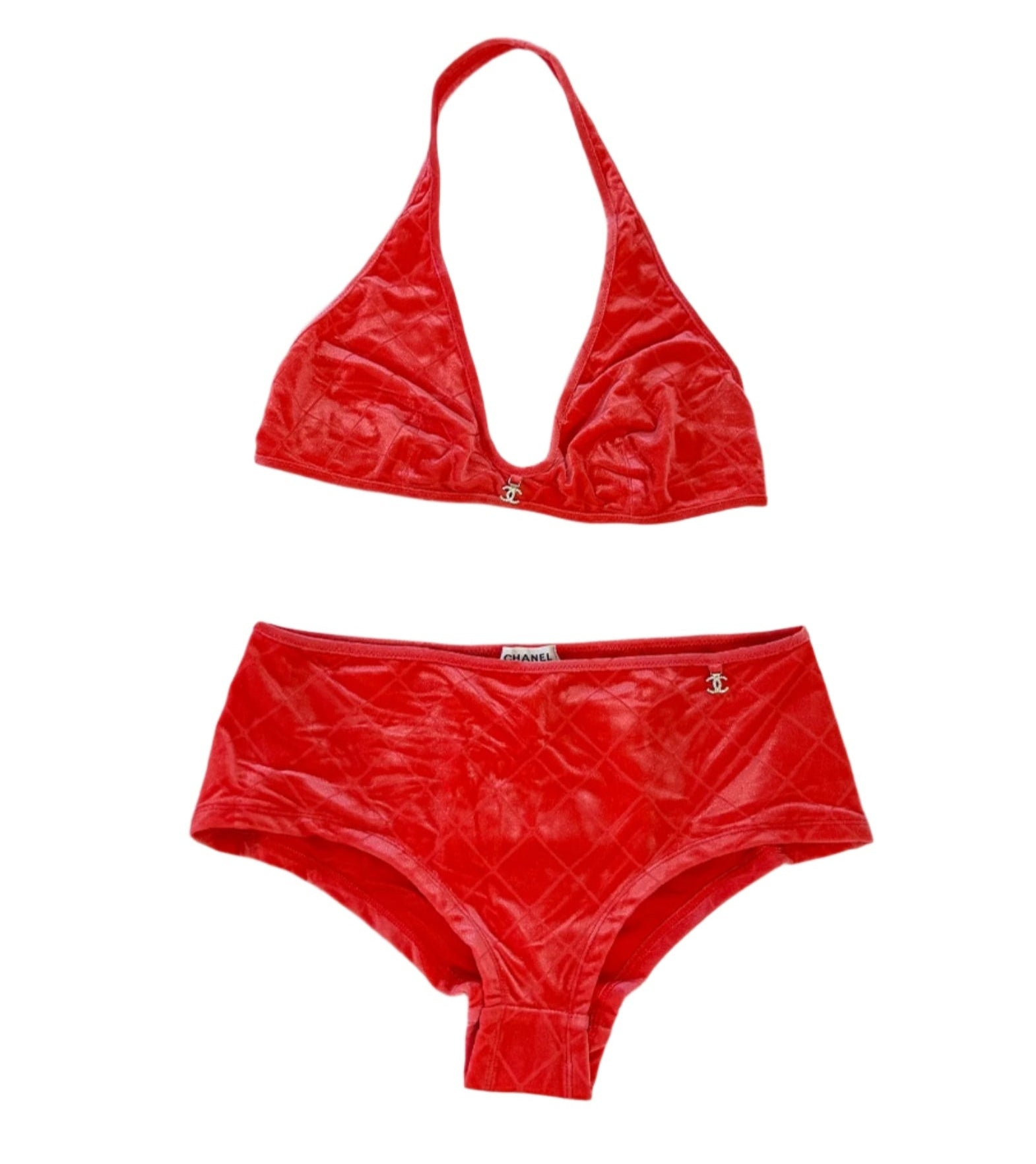 Chanel Coco Beach Coral Red Bikini Top and Bottom Set