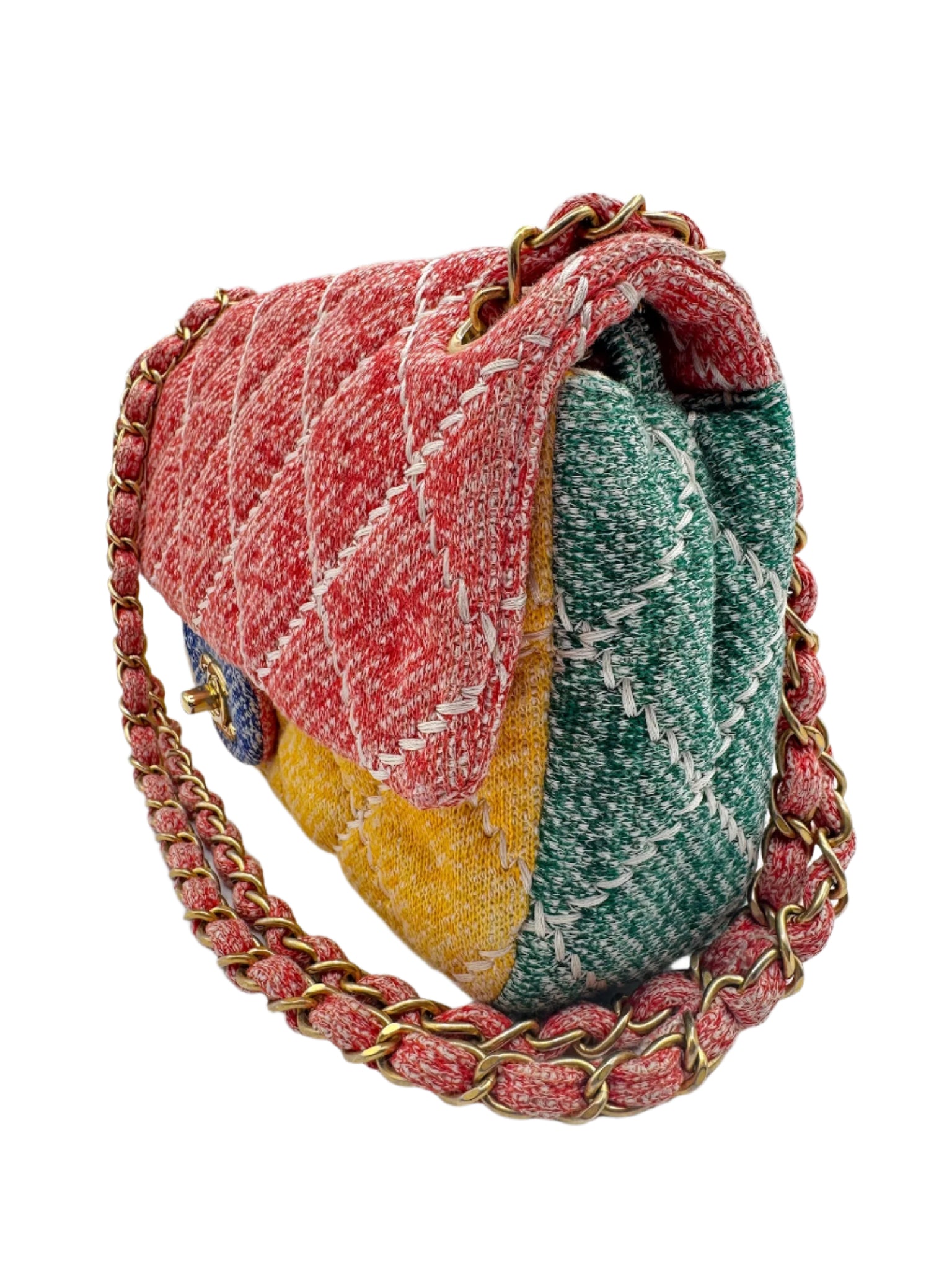 Chanel Color Block Quilted Jersey Fabric Medium Size Flapbag Gold Hardware