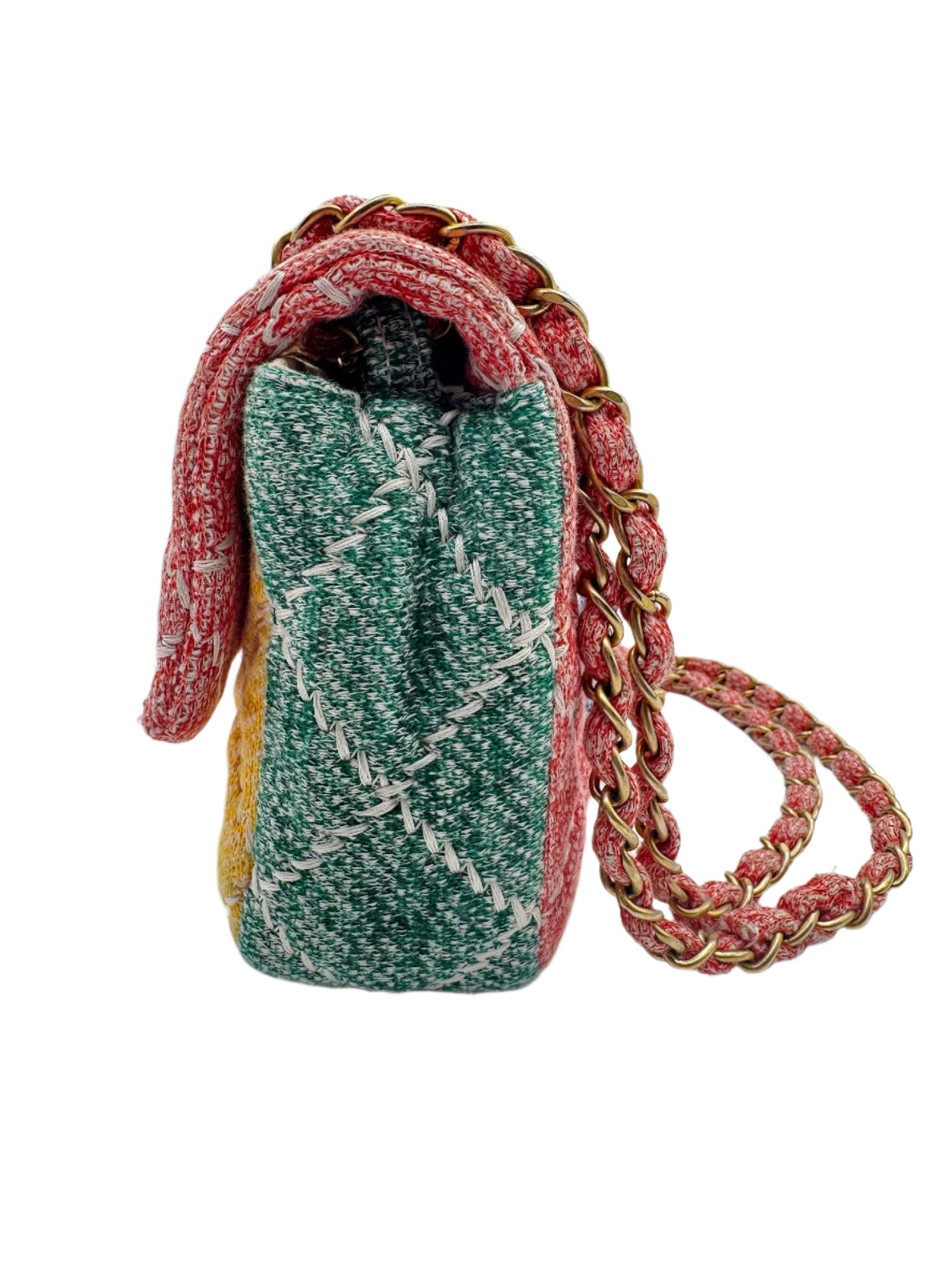 Chanel Color Block Quilted Jersey Fabric Medium Size Flapbag Gold Hardware