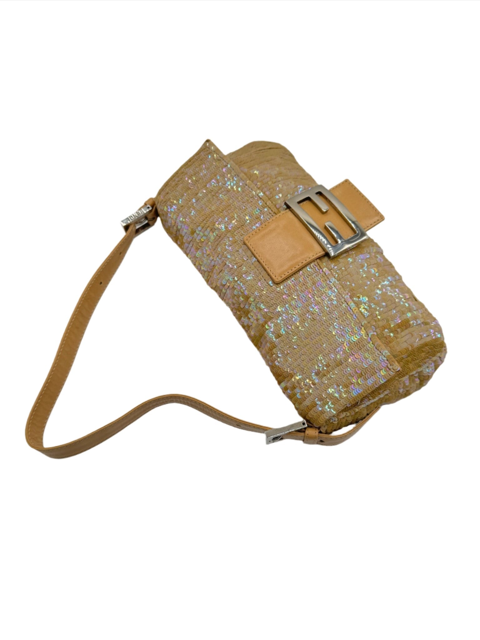 Fendi Nude Sequins Baguette with Light Brown Leather Strap and Silver Hardware