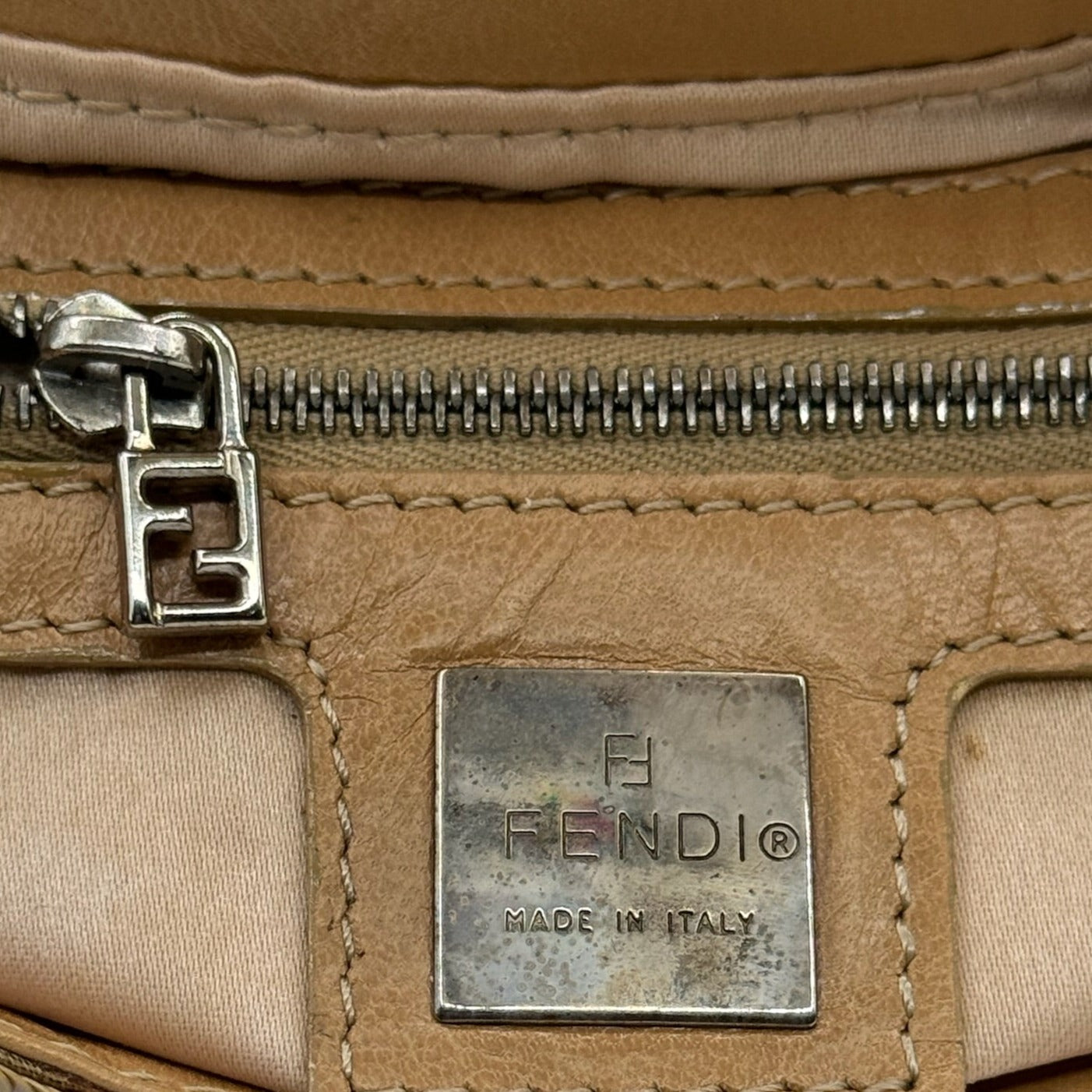 Fendi Nude Sequins Baguette with Light Brown Leather Strap and Silver Hardware
