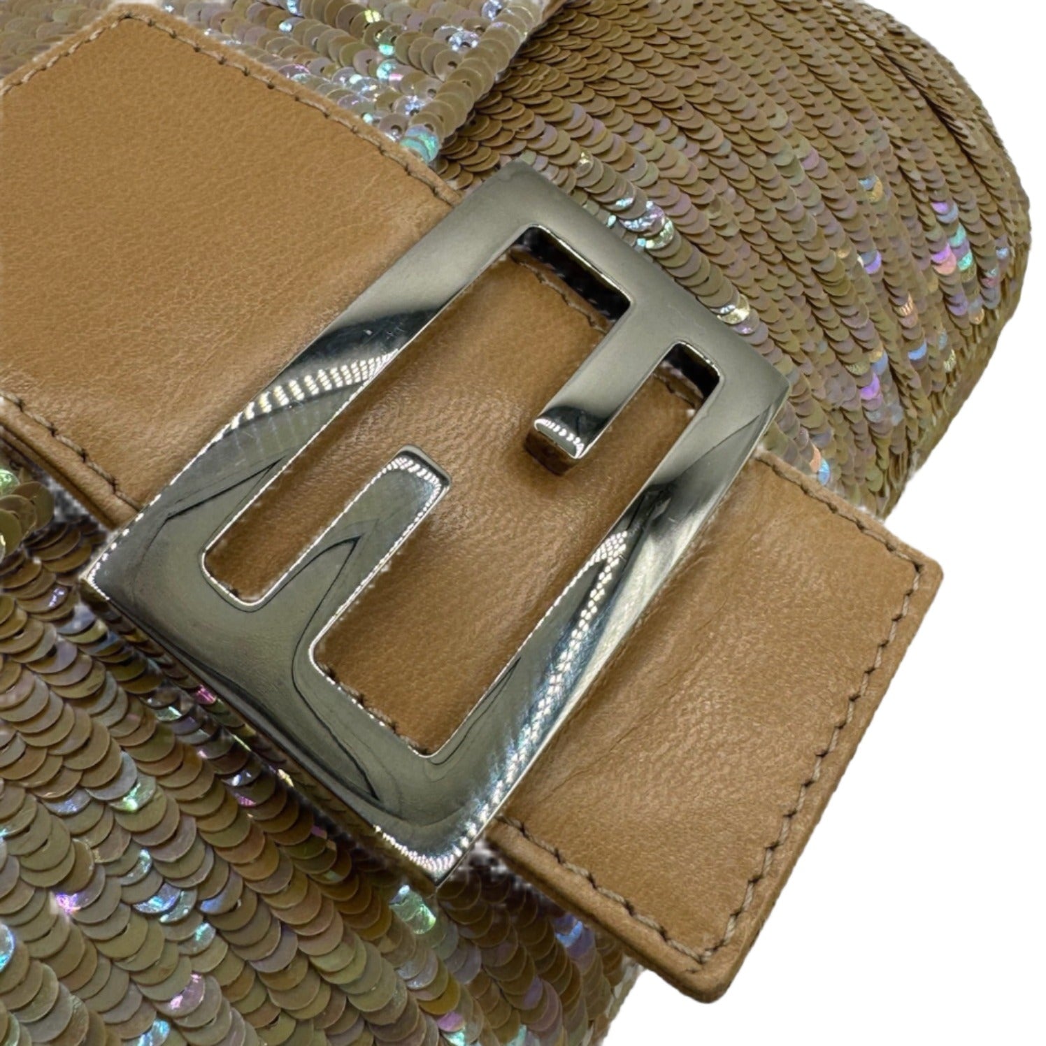 Fendi Nude Sequins Baguette with Light Brown Leather Strap and Silver Hardware