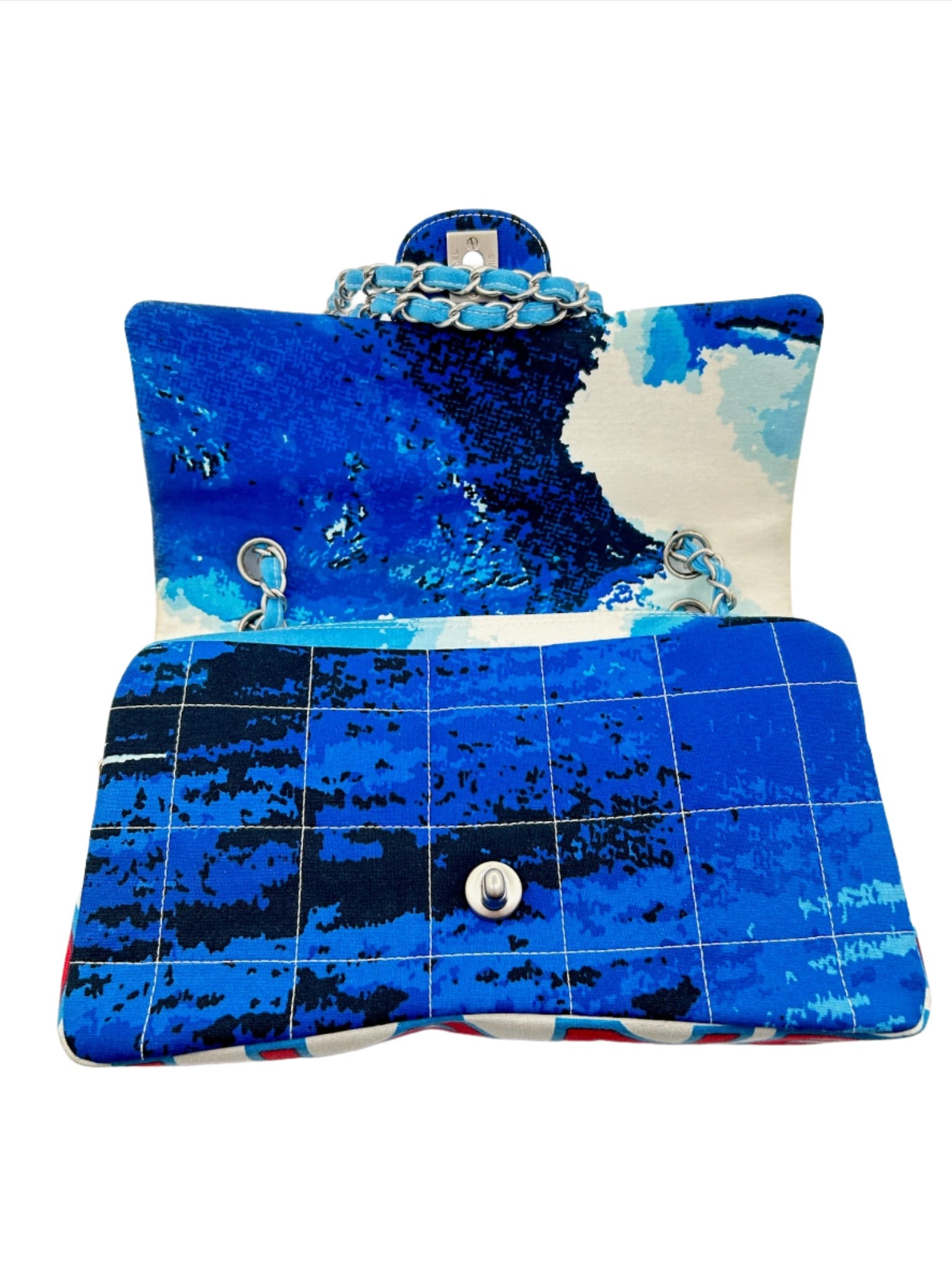 Chanel Blue with White Wave Canvas Flapbag with Red CC and Silver Hardware