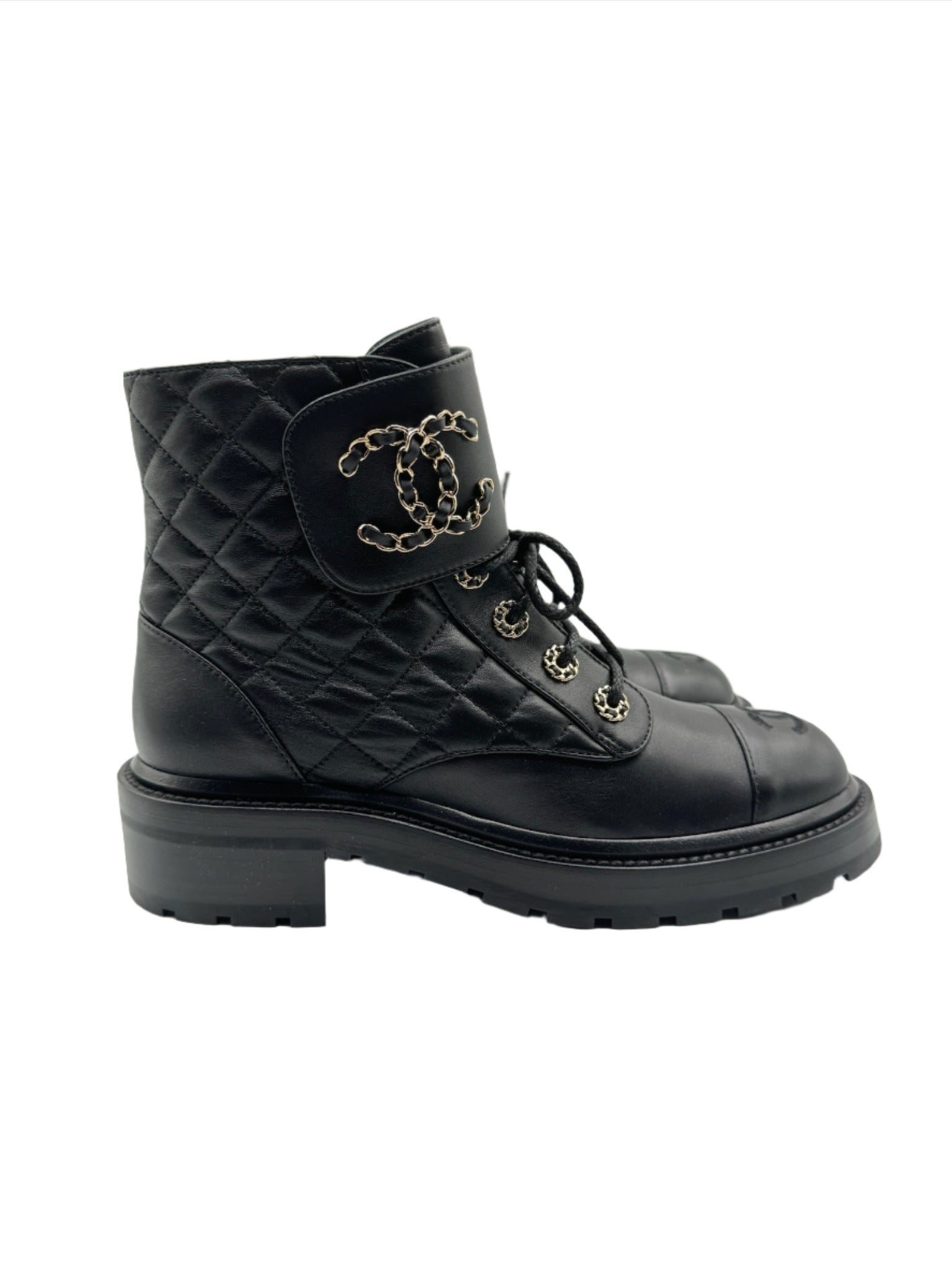 Chanel Quilted Black Leather Combat Boots