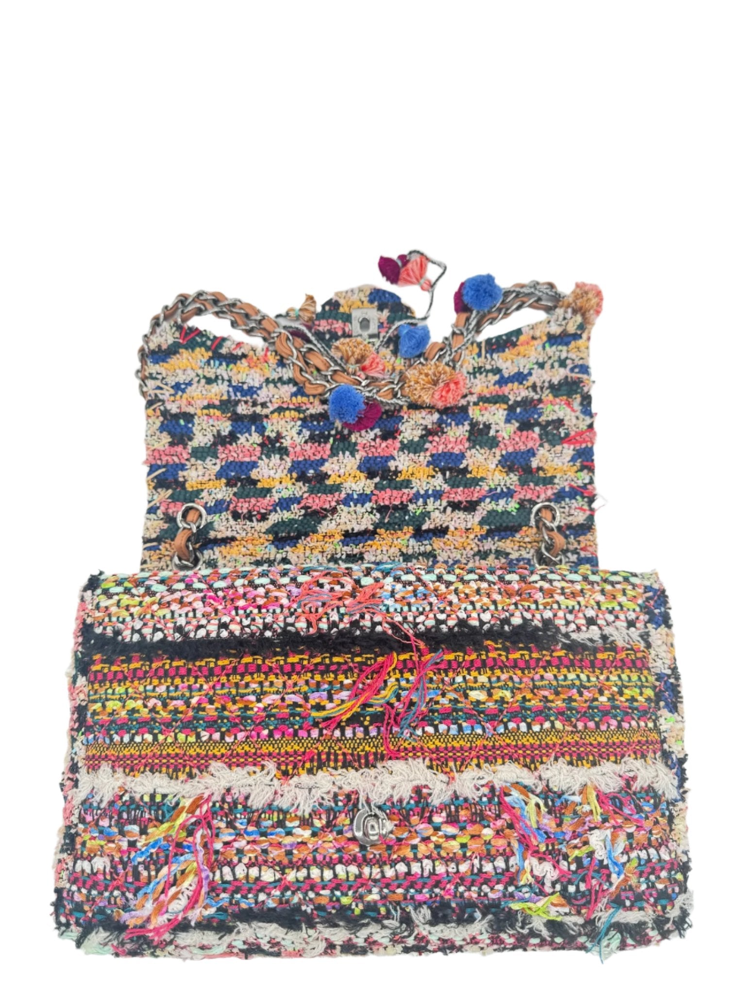 Chanel Multicolor Colorful Quilted Tweed Paris-Dubai Pom-Pom Embellished Large Flapbag with Ruthenium Hardware
