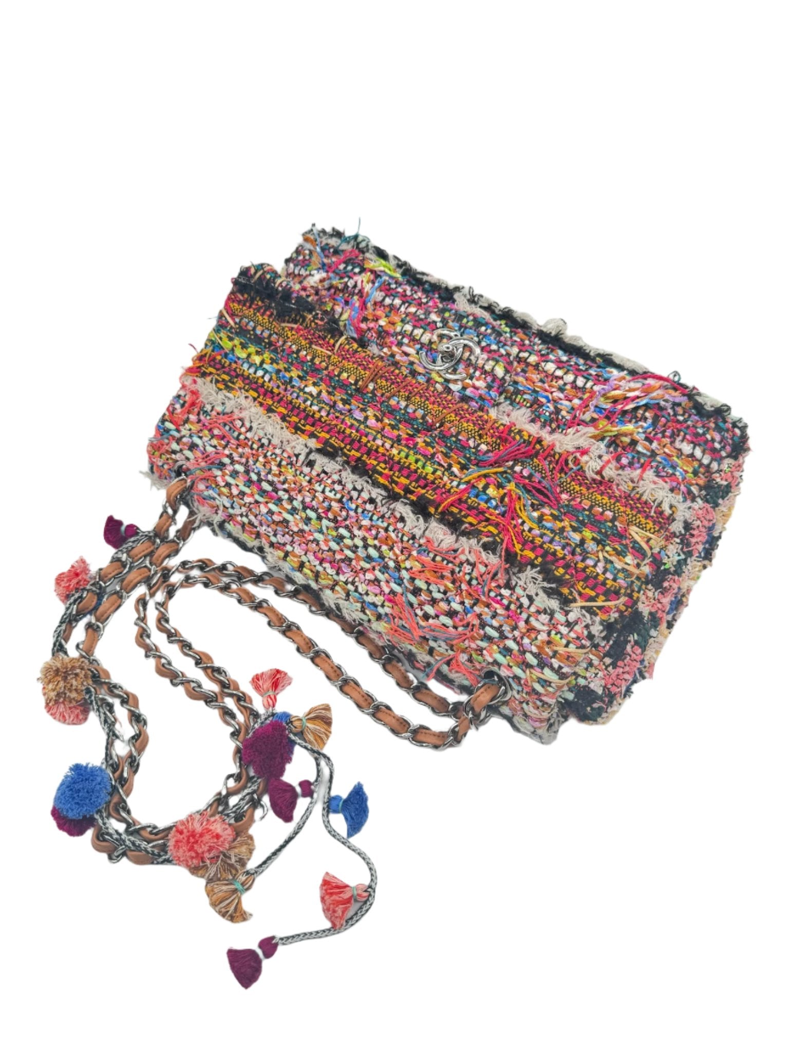 Chanel Multicolor Colorful Quilted Tweed Paris-Dubai Pom-Pom Embellished Large Flapbag with Ruthenium Hardware