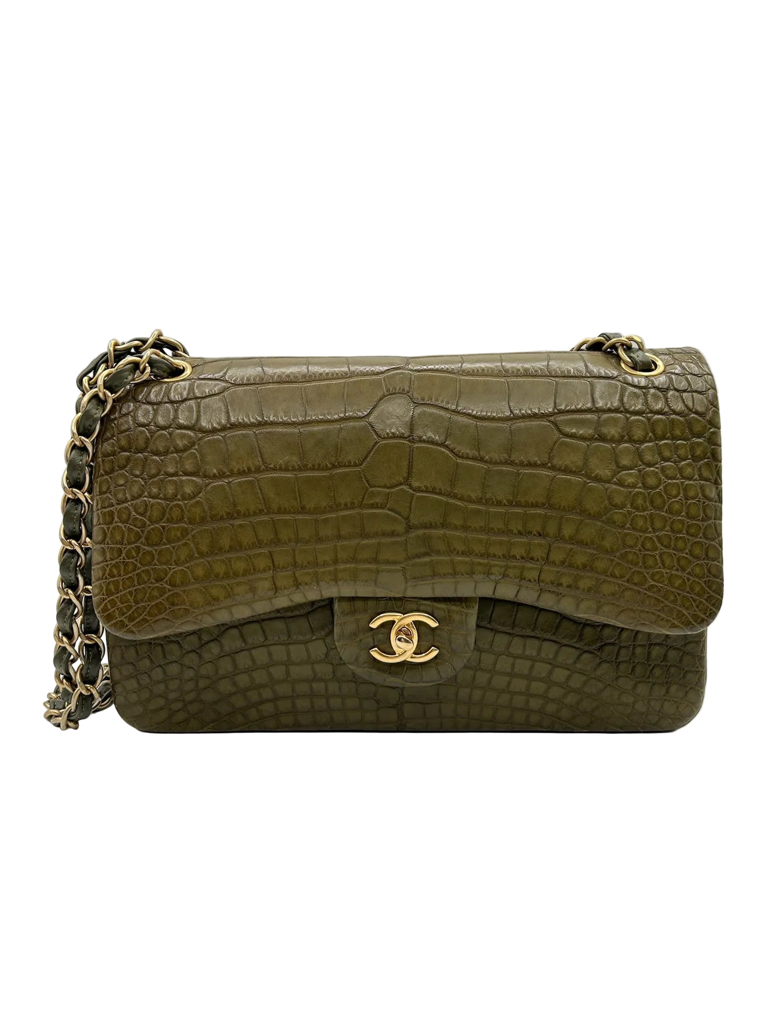 Chanel Matte Khaki Green Alligator Classic Double Flapbag