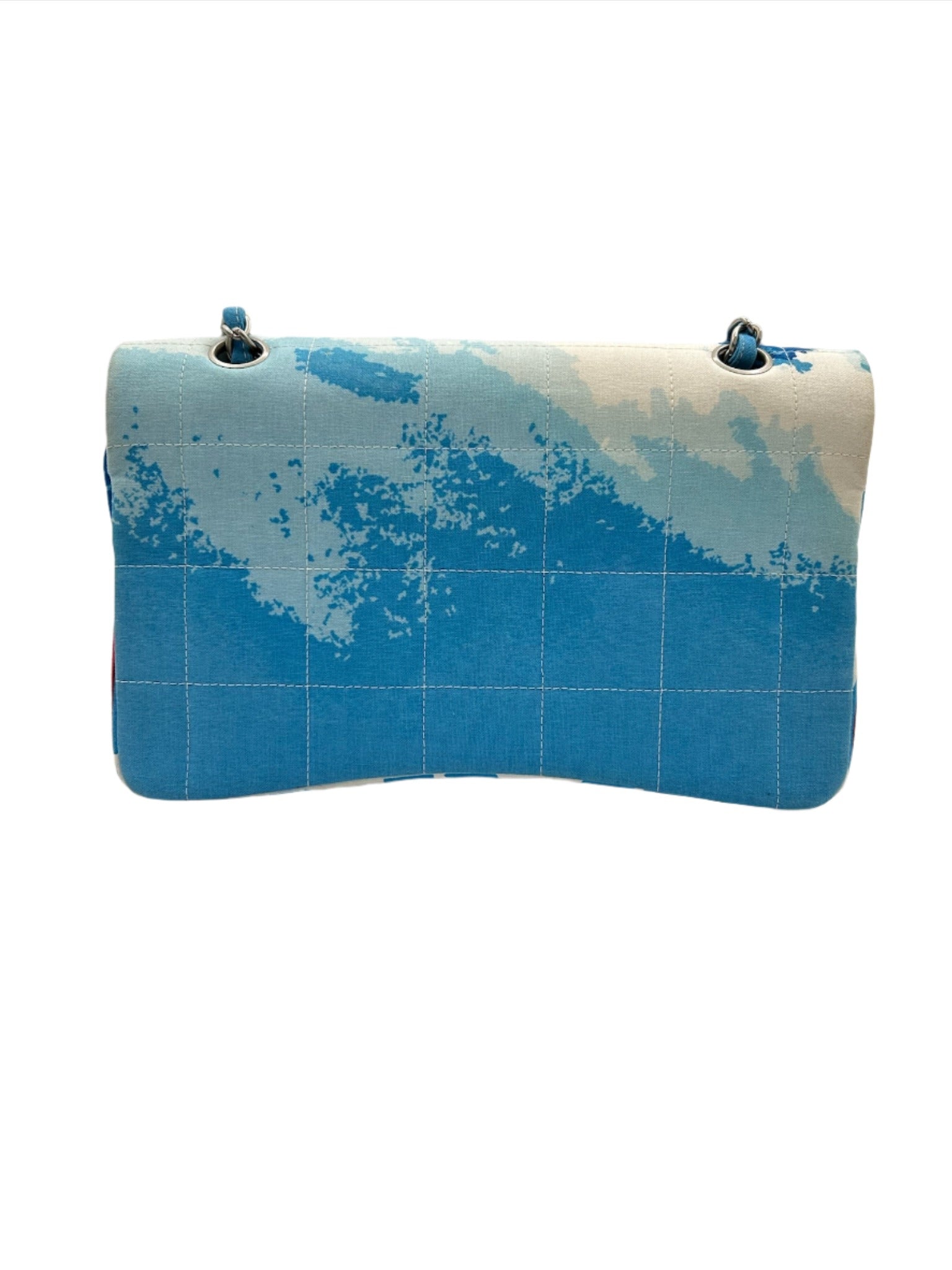 Chanel Blue with White Wave Canvas Flapbag with Red CC and Silver Hardware