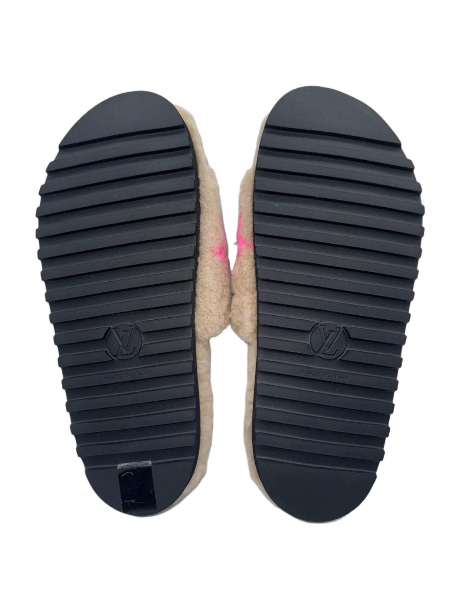 Louis Vuitton Shearling Cream and Pink LV Logo Slides Slippers - Size FR 37.5