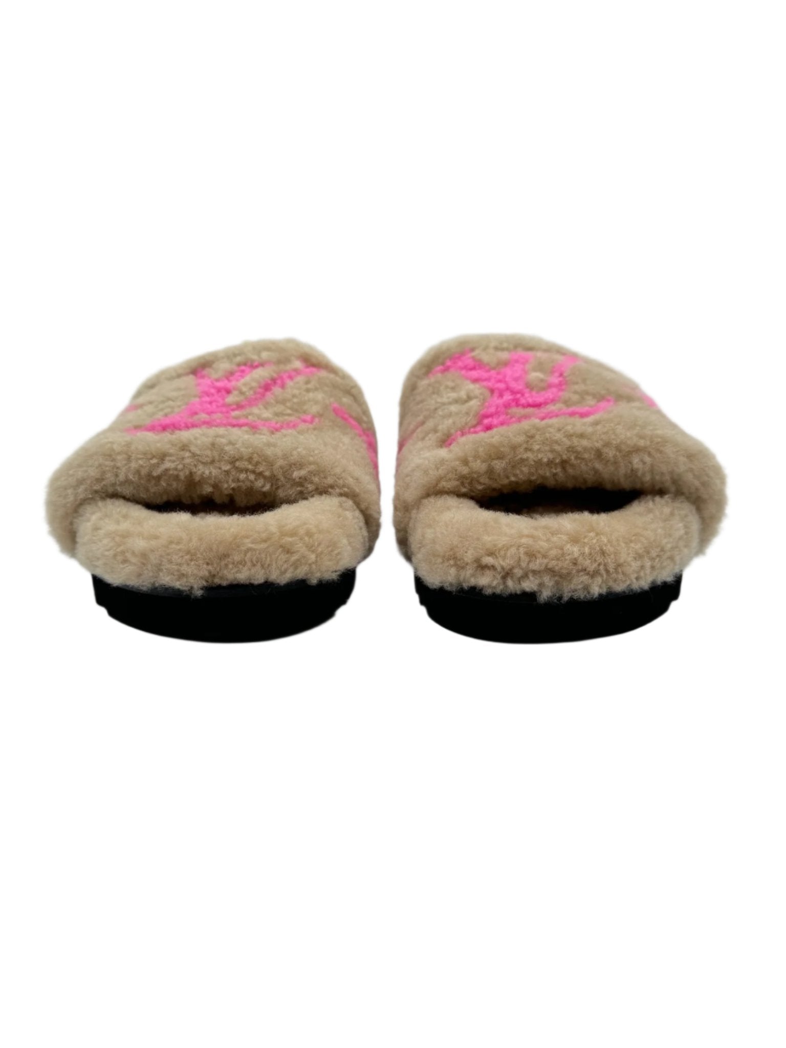 Louis Vuitton Shearling Cream and Pink LV Logo Slides Slippers - Size FR 37.5