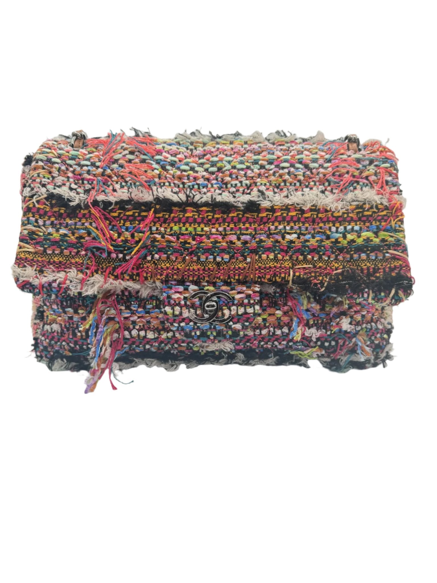 Chanel Multicolor Colorful Quilted Tweed Paris-Dubai Pom-Pom Embellished Large Flapbag with Ruthenium Hardware