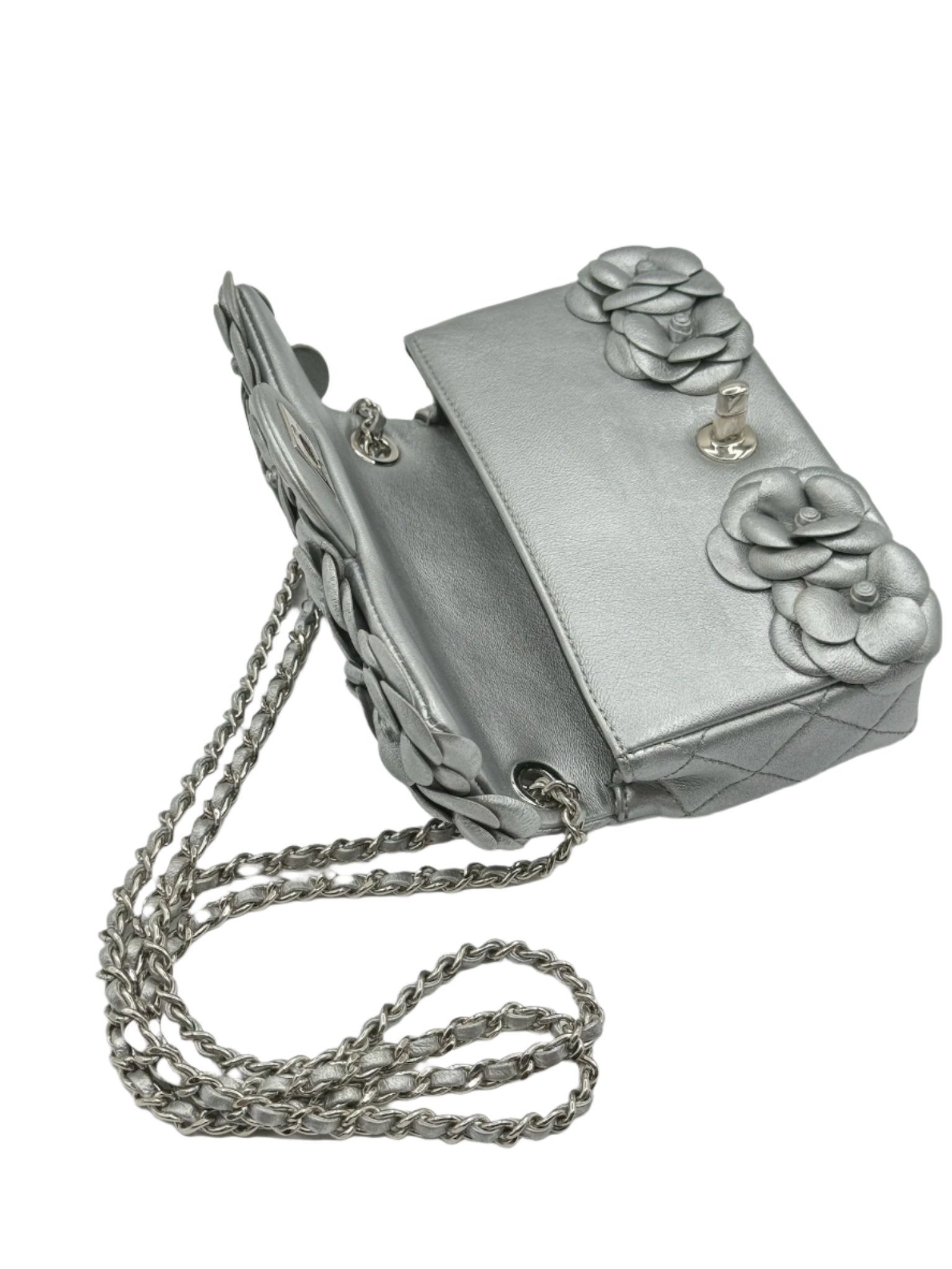 Chanel Silver Camellia Mini Flapbag