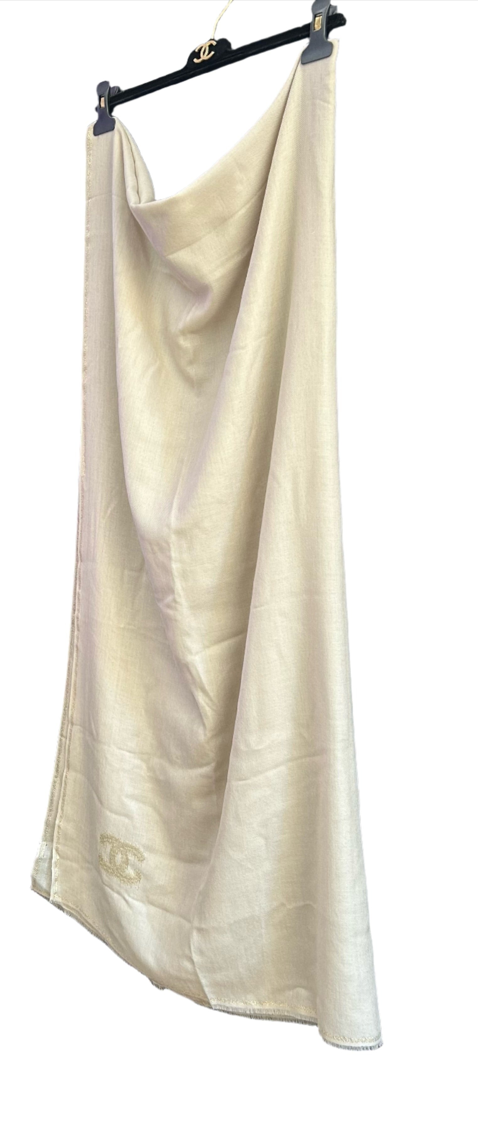 Chanel Beige Cashmere Silk Scarf with CC Logo