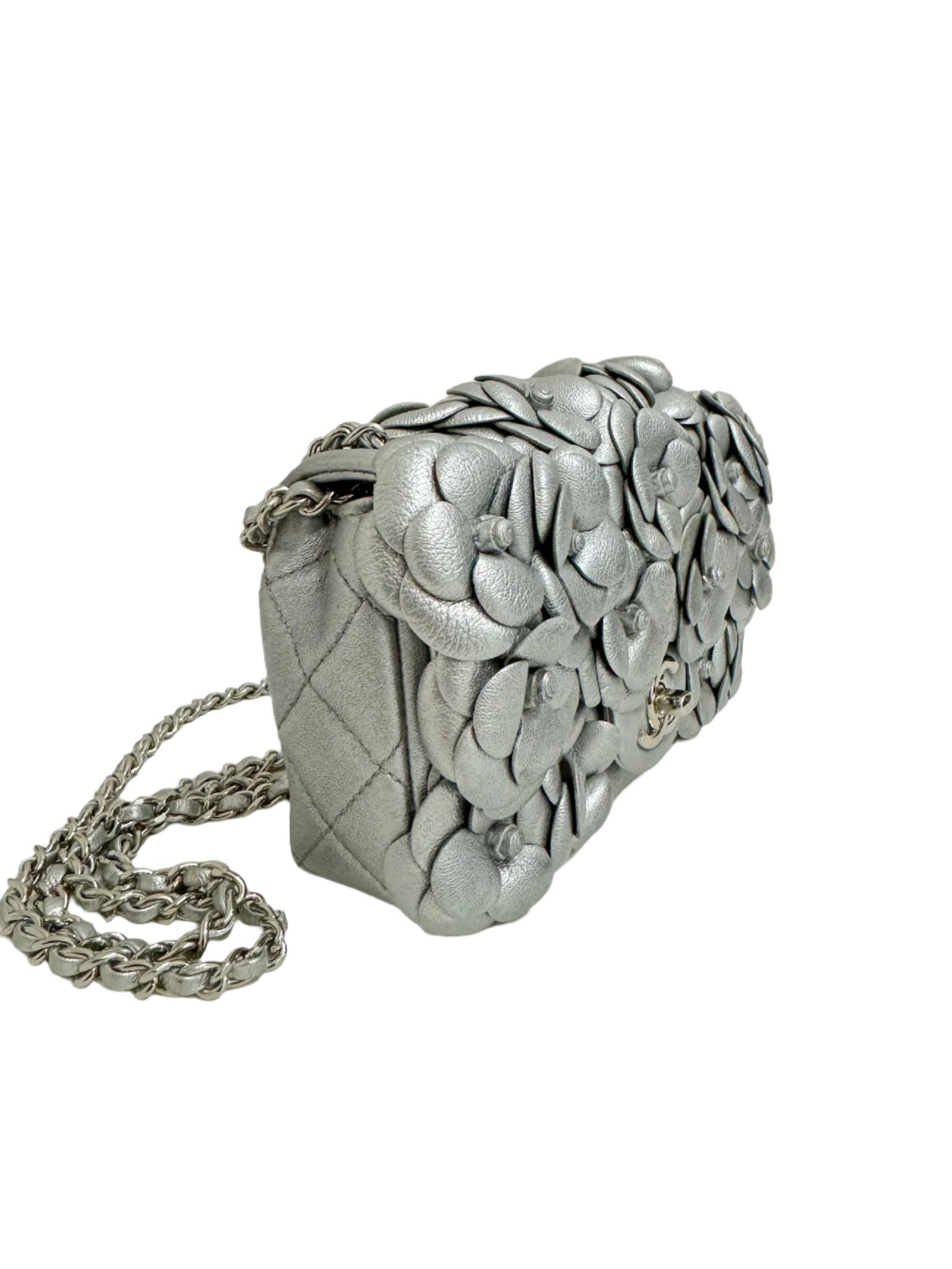 Chanel Silver Camellia Mini Flapbag