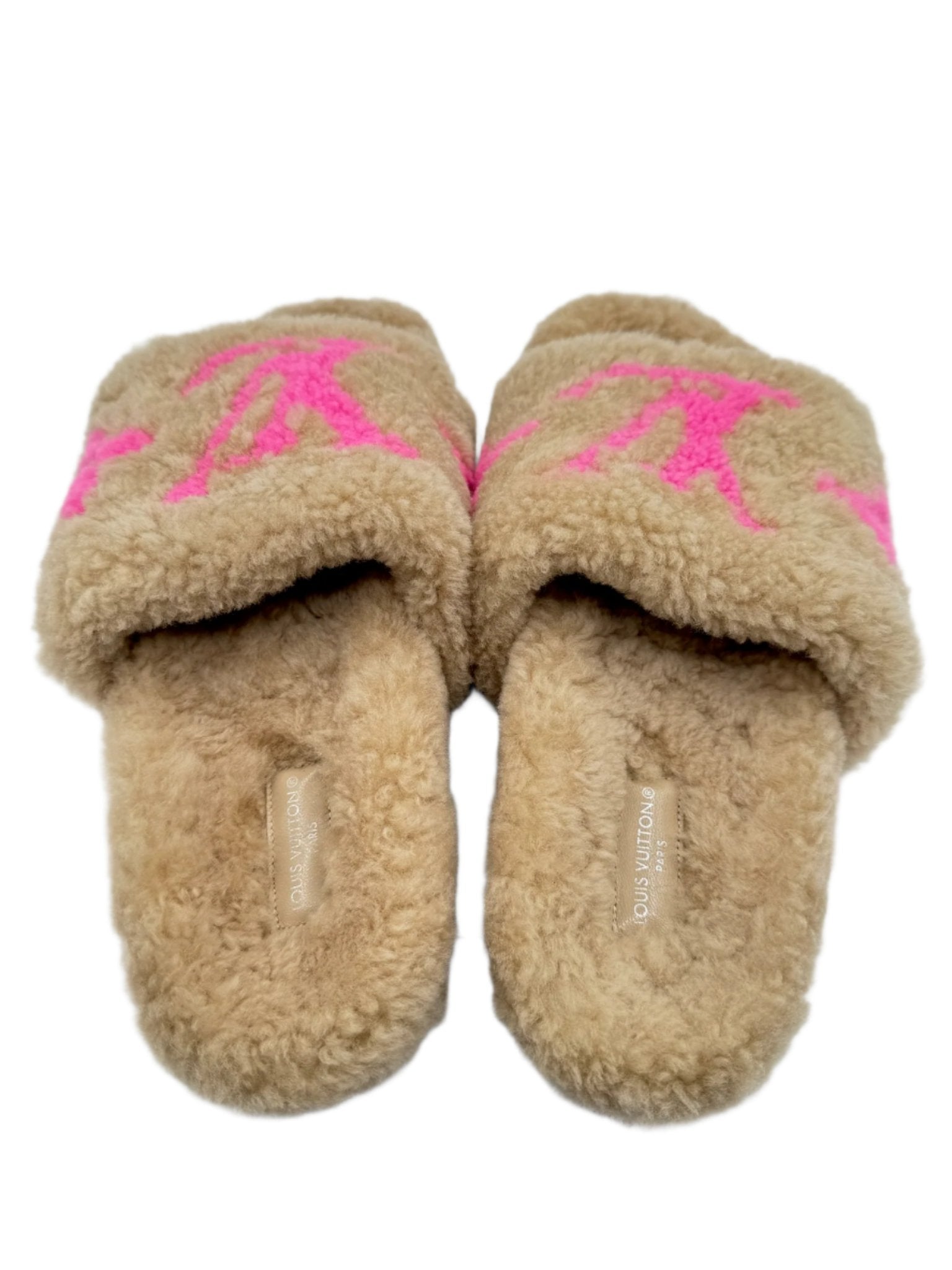 Louis Vuitton Shearling Cream and Pink LV Logo Slides Slippers - Size FR 37.5