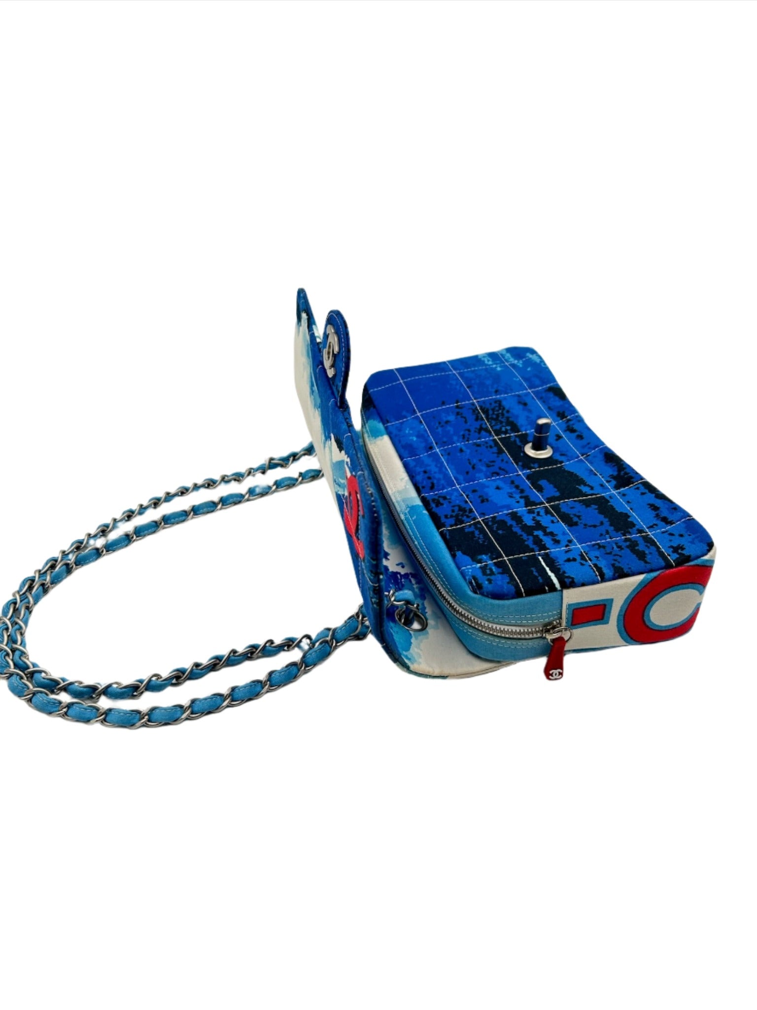 Chanel Blue with White Wave Canvas Flapbag with Red CC and Silver Hardware