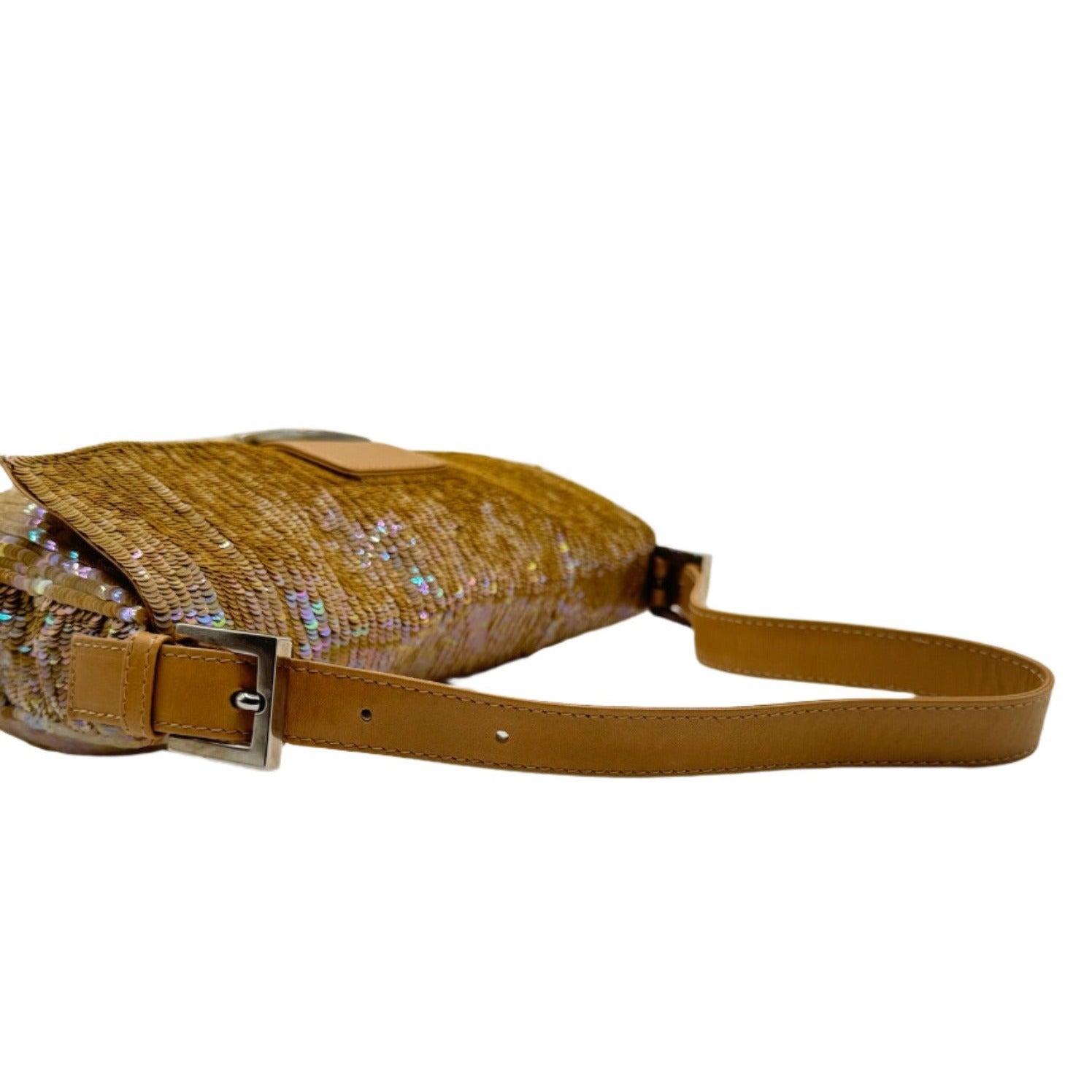 Fendi Nude Sequins Baguette with Light Brown Leather Strap and Silver Hardware