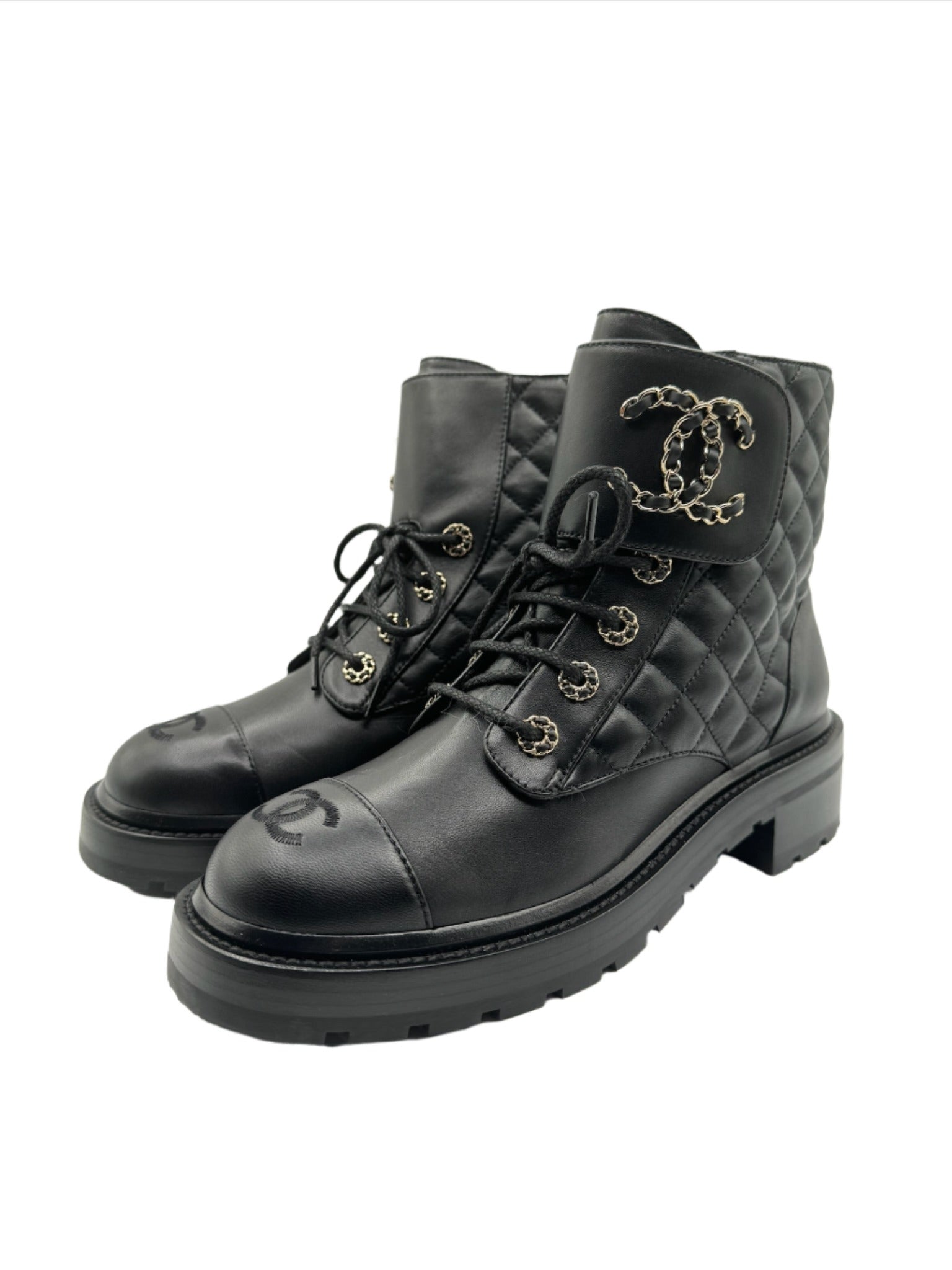 Chanel Quilted Black Leather Combat Boots