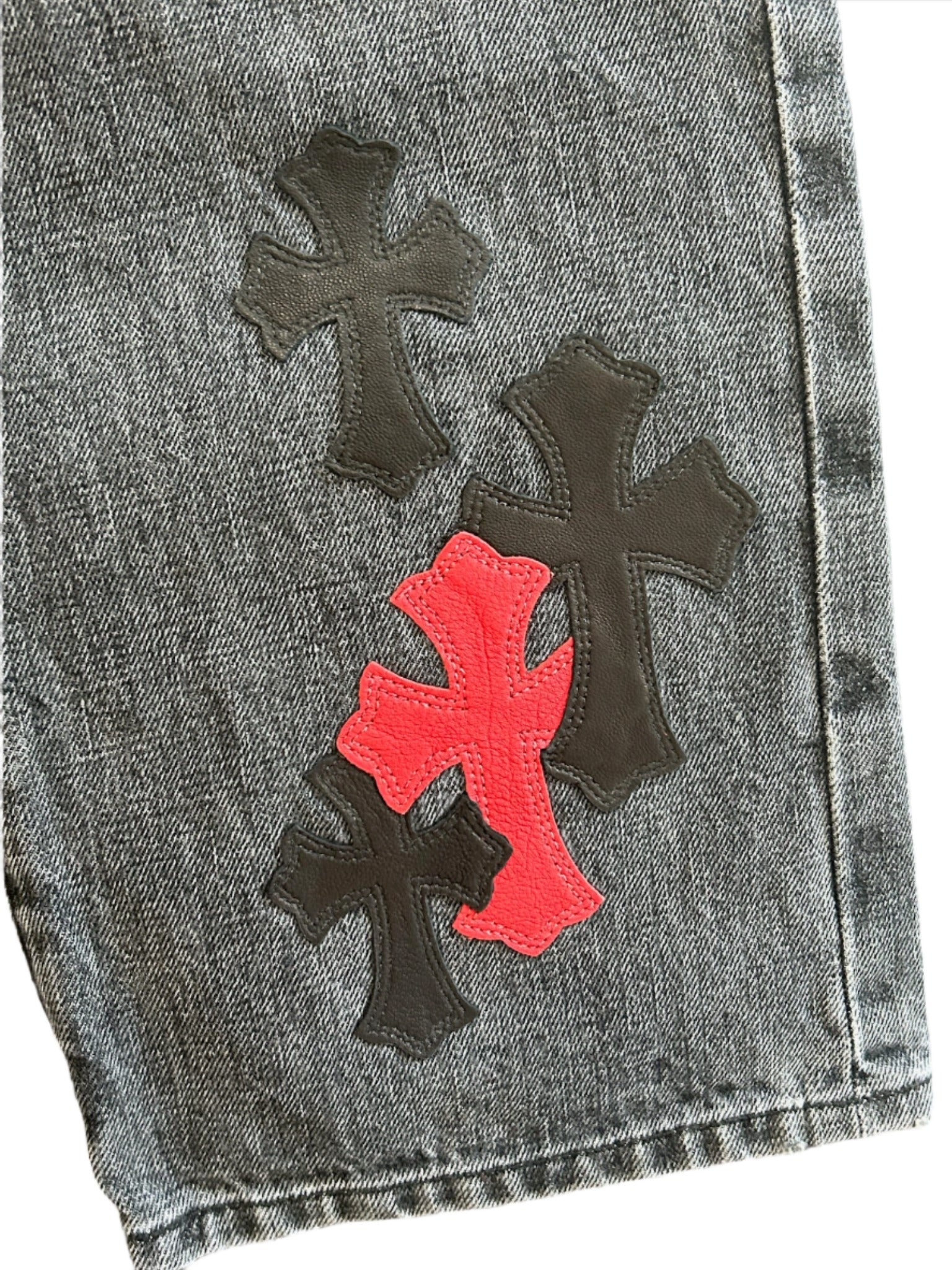 Chrome Hearts Black Jeans Red and Black Cross Leather Patches