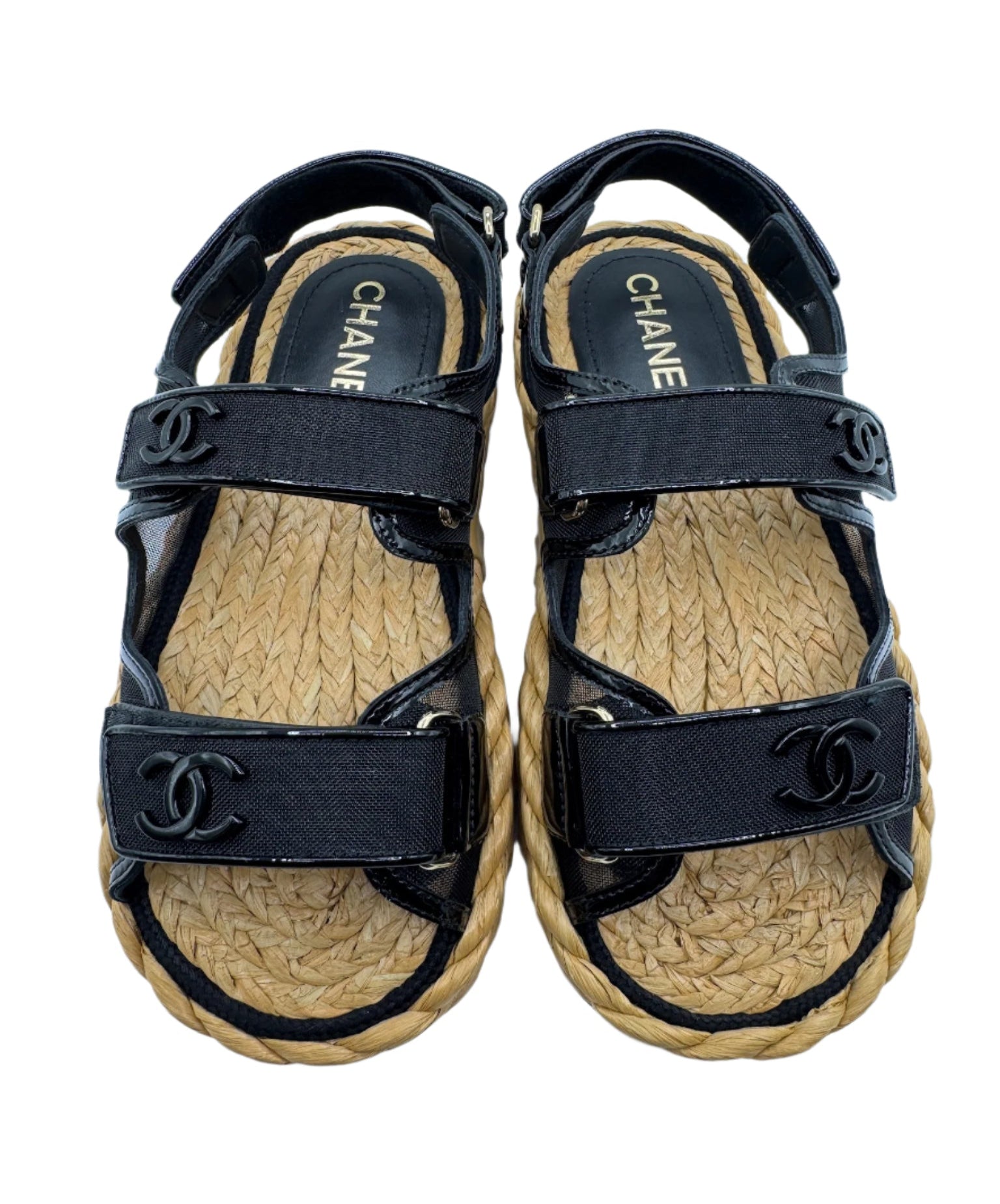 Chanel Black Mesh Raffia Dad Sandals