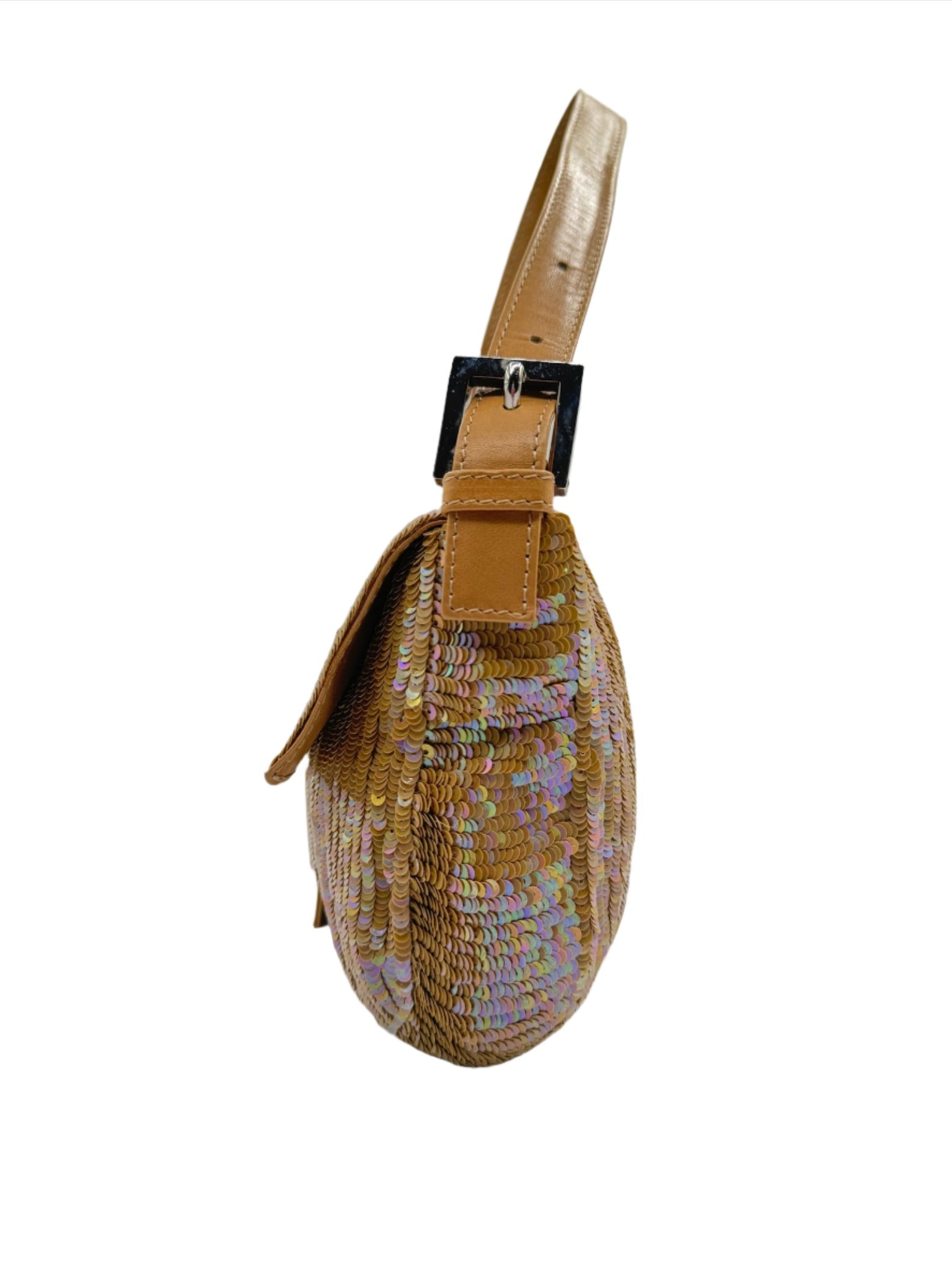 Fendi Nude Sequins Baguette with Light Brown Leather Strap and Silver Hardware