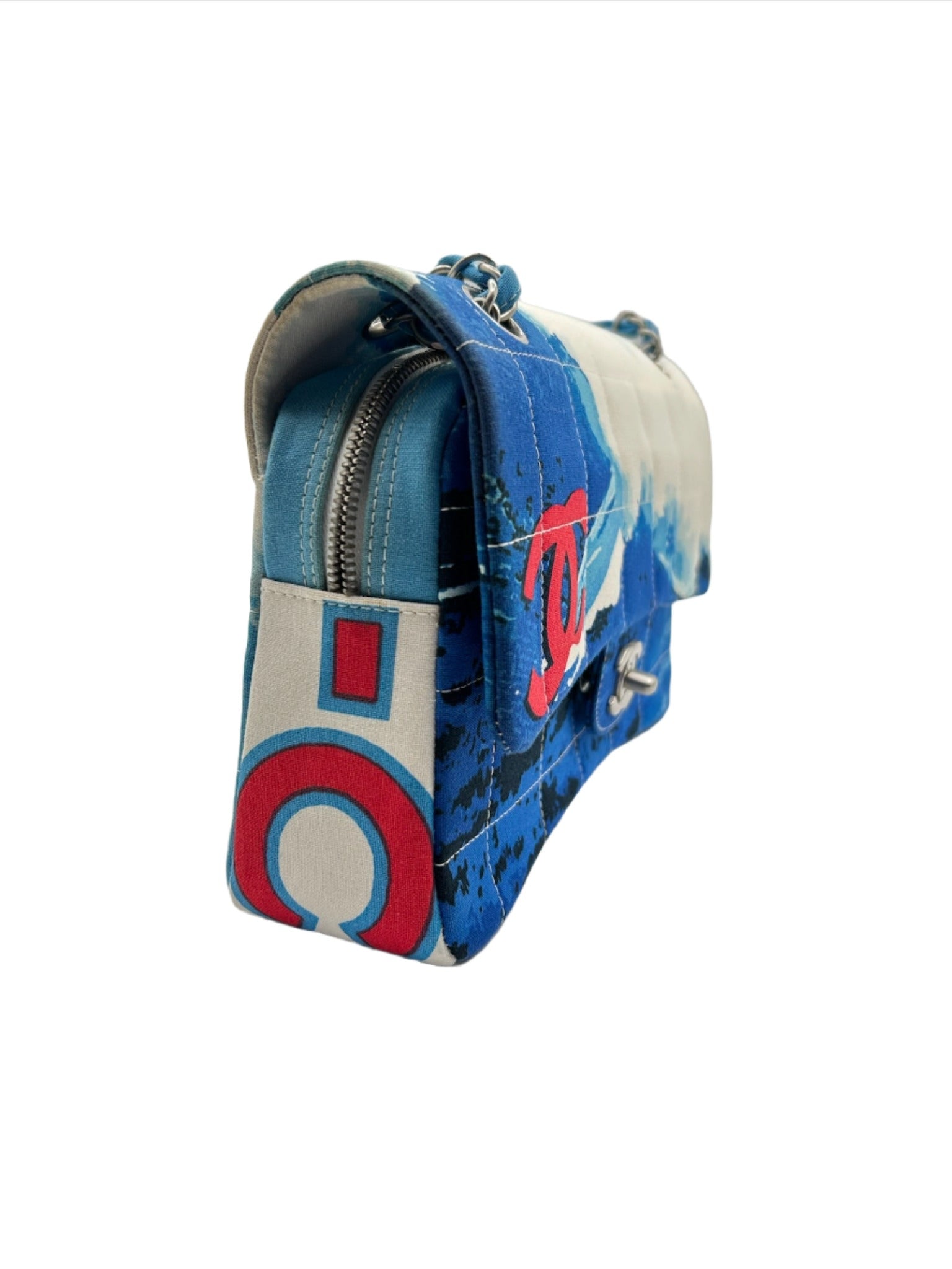 Chanel Blue with White Wave Canvas Flapbag with Red CC and Silver Hardware