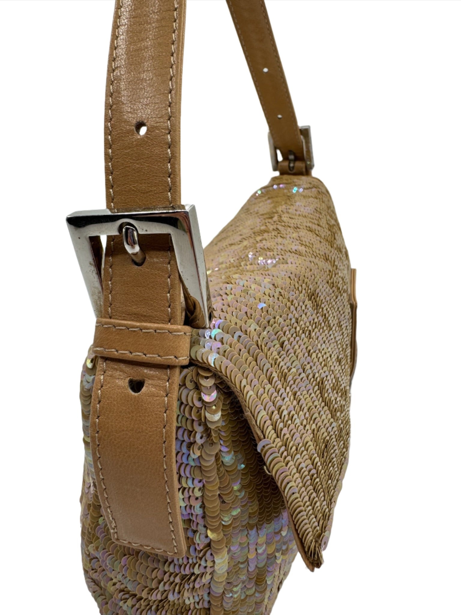 Fendi Nude Sequins Baguette with Light Brown Leather Strap and Silver Hardware
