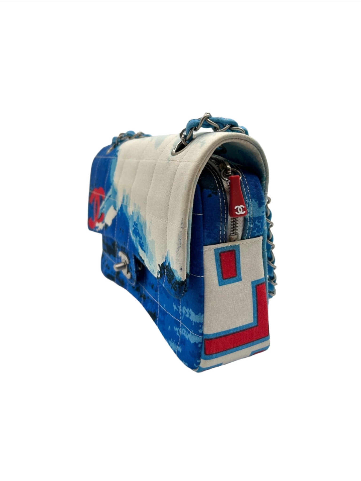Chanel Blue with White Wave Canvas Flapbag with Red CC and Silver Hardware