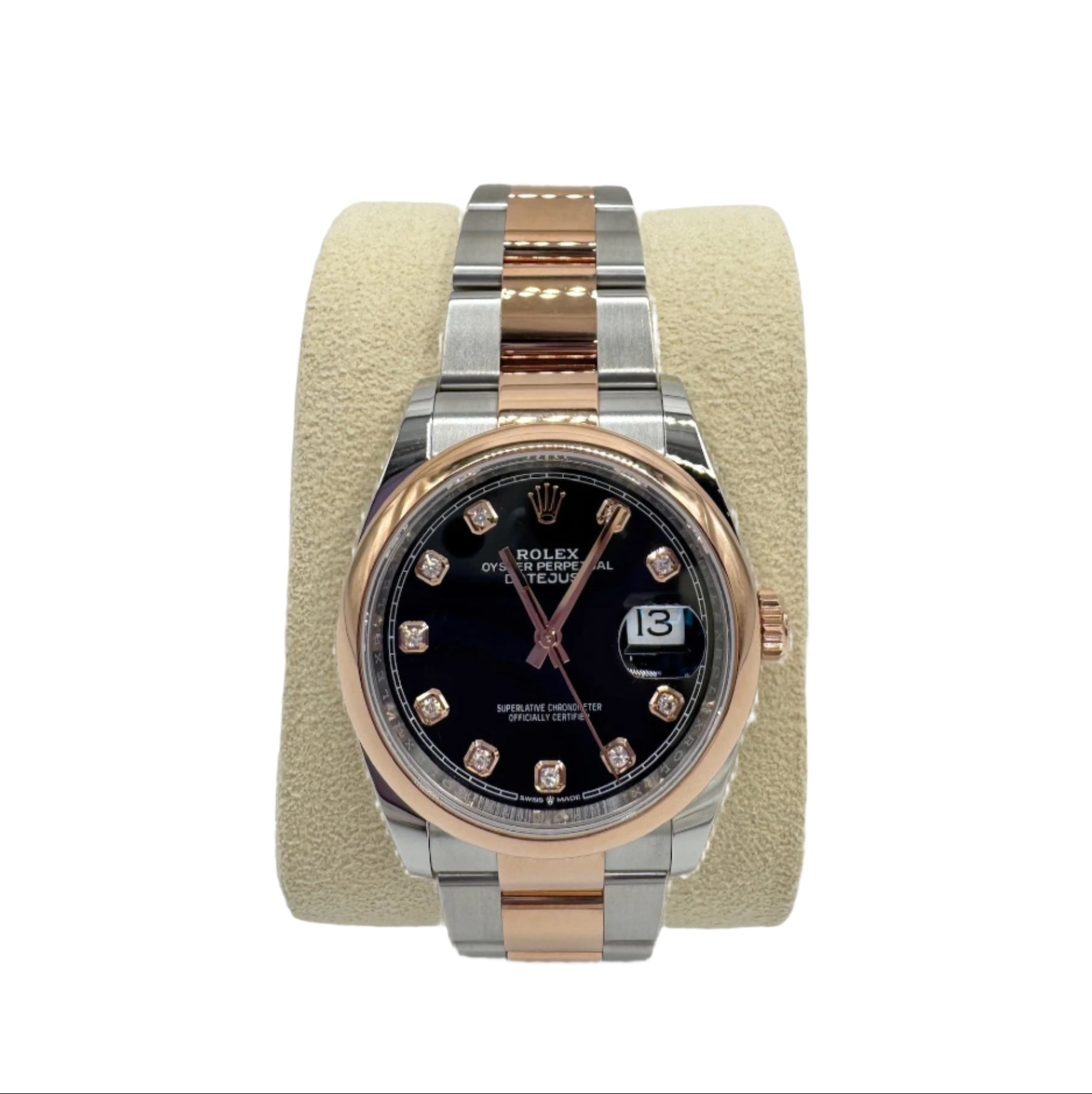 Rolex 36MM Datejust Everose Gold and Steel Black Dial with Diamonds