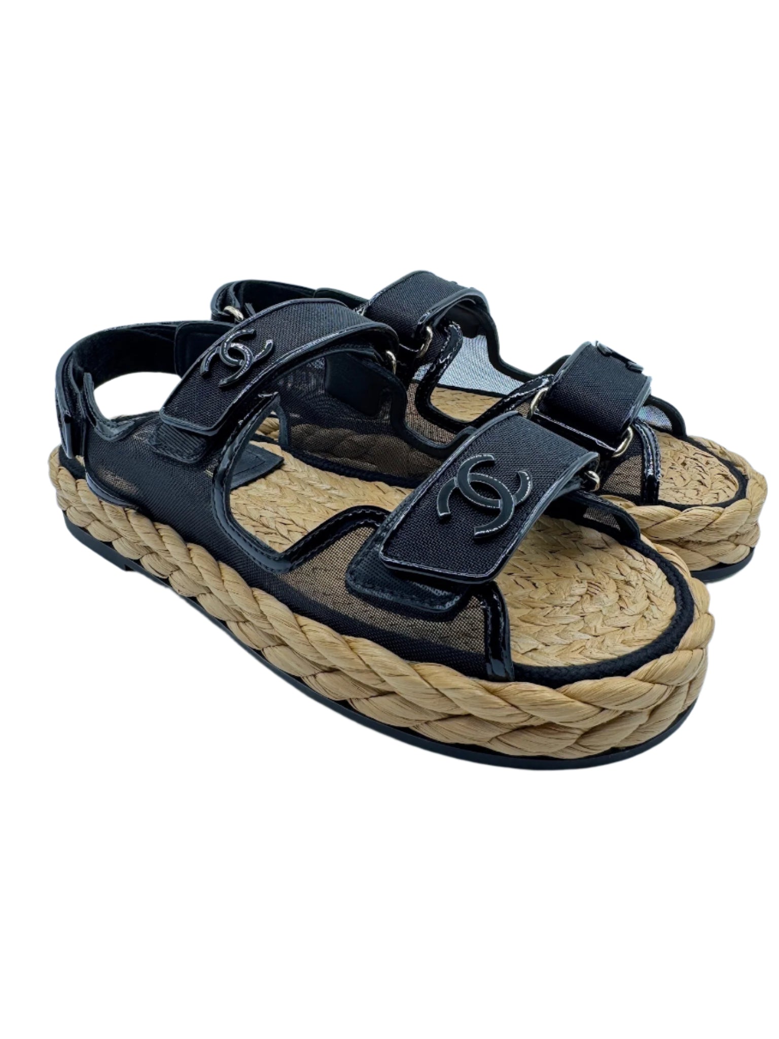 Chanel Black Mesh Raffia Dad Sandals