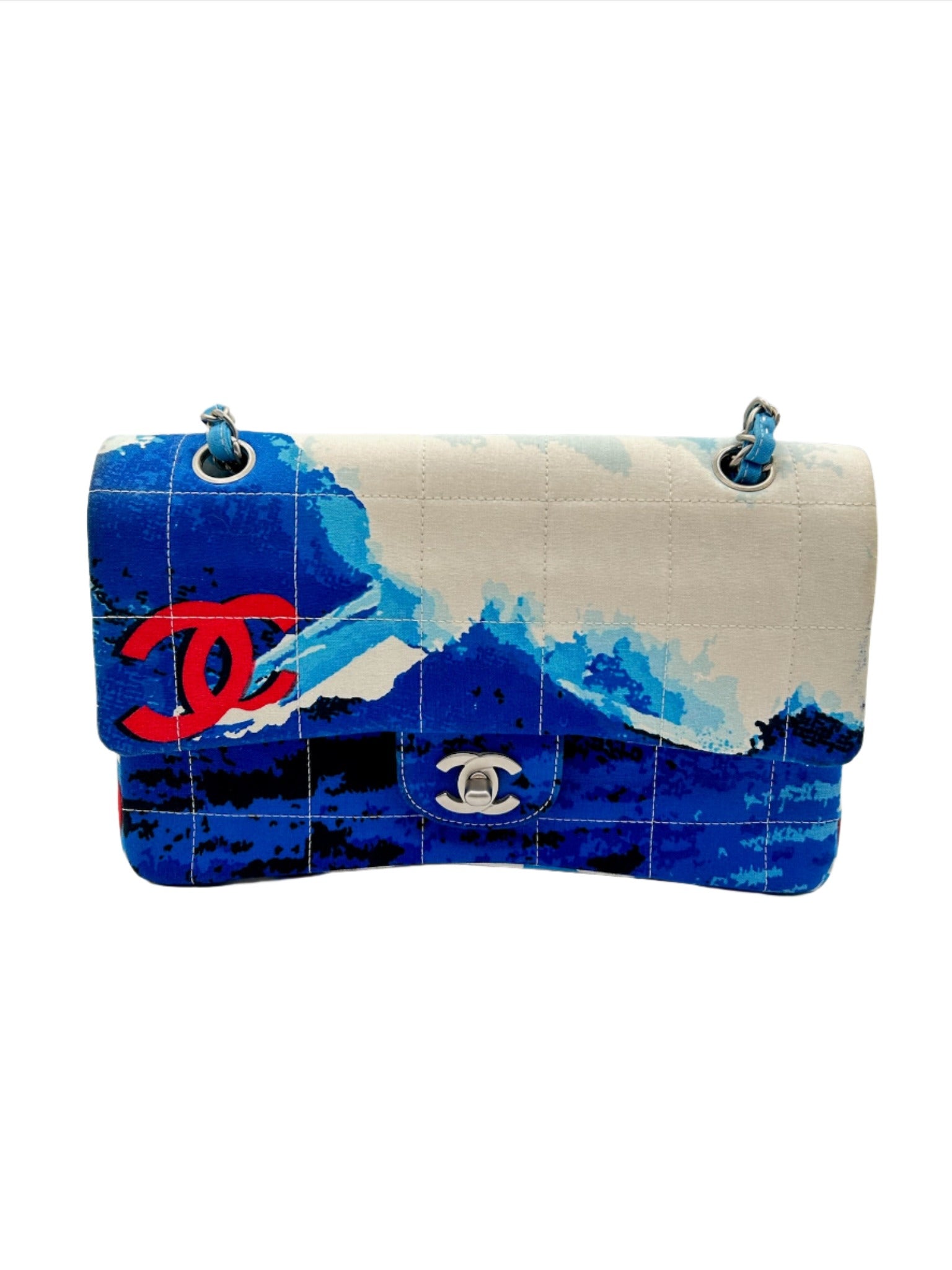 Chanel Blue with White Wave Canvas Flapbag with Red CC and Silver Hardware