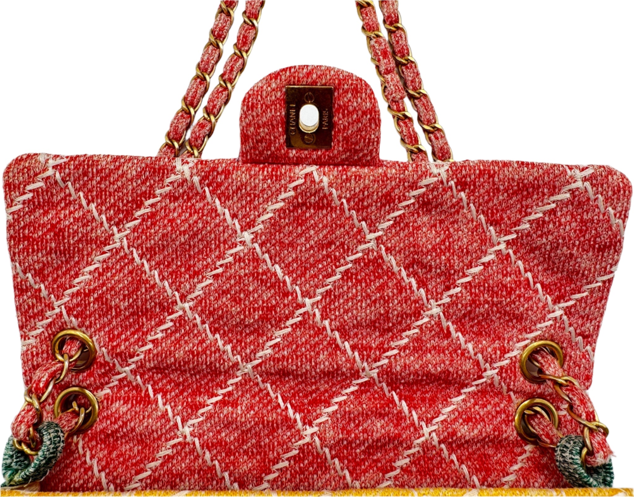 Chanel Color Block Quilted Jersey Fabric Medium Size Flapbag Gold Hardware