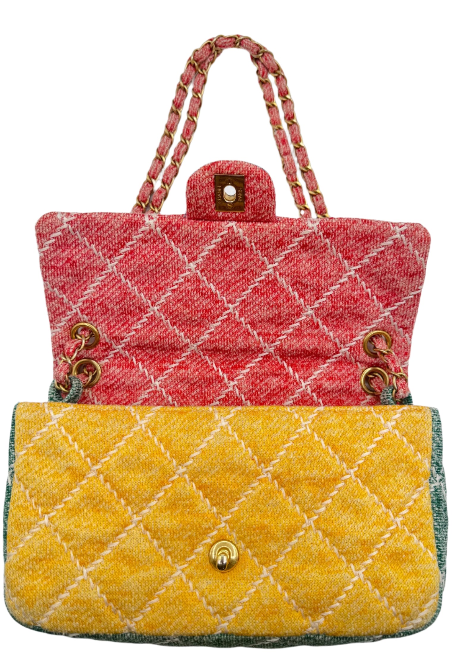 Chanel Color Block Quilted Jersey Fabric Medium Size Flapbag Gold Hardware