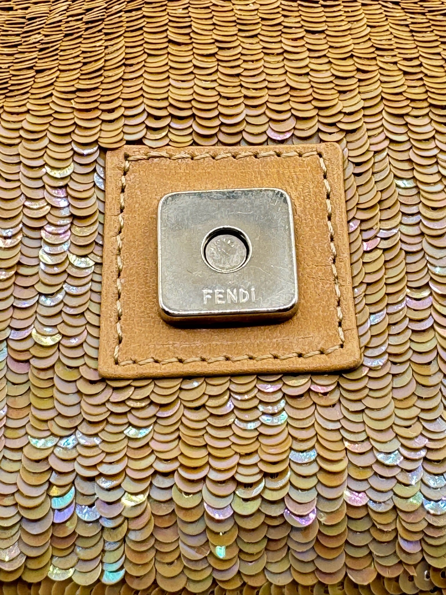 Fendi Nude Sequins Baguette with Light Brown Leather Strap and Silver Hardware
