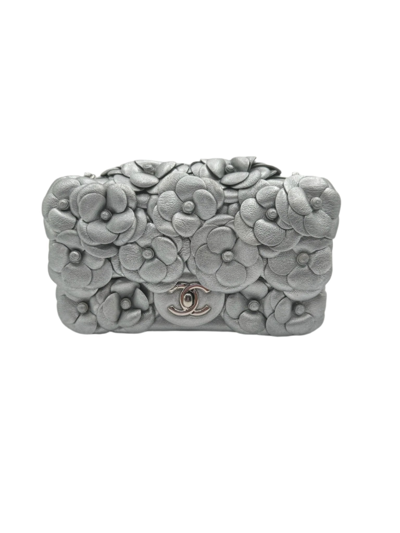 Chanel Silver Camellia Mini Flapbag