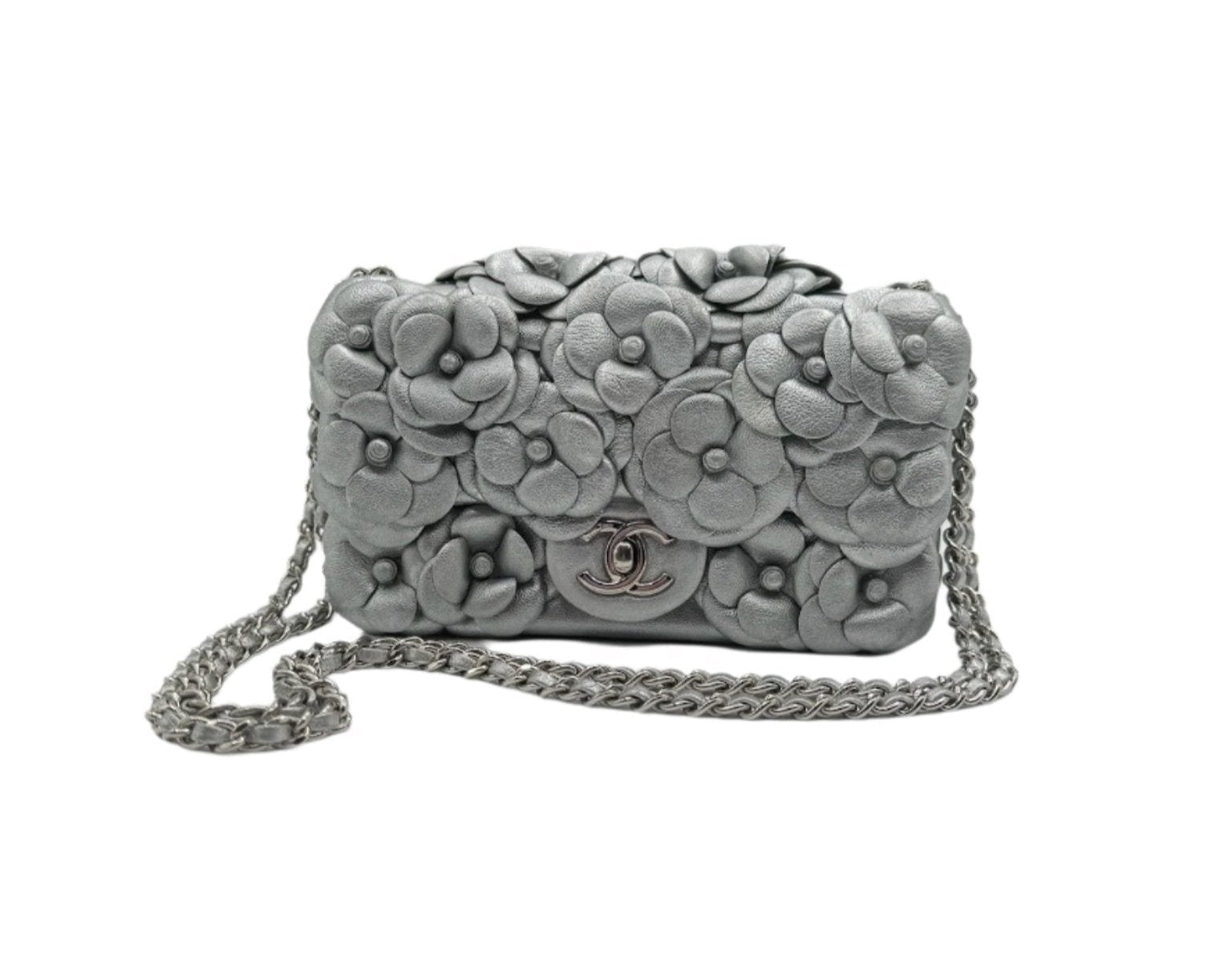 Chanel Silver Camellia Mini Flapbag