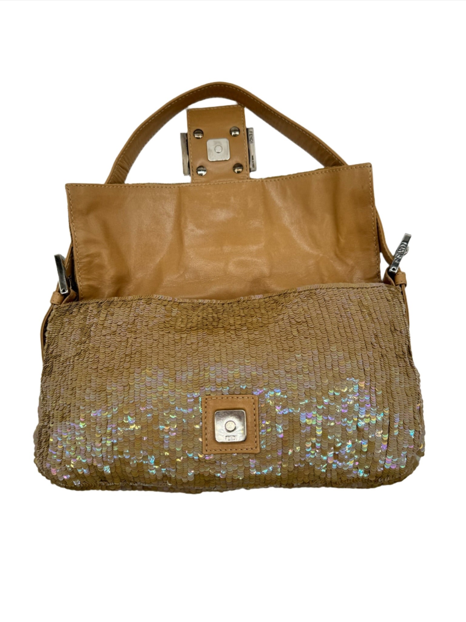 Fendi Nude Sequins Baguette with Light Brown Leather Strap and Silver Hardware