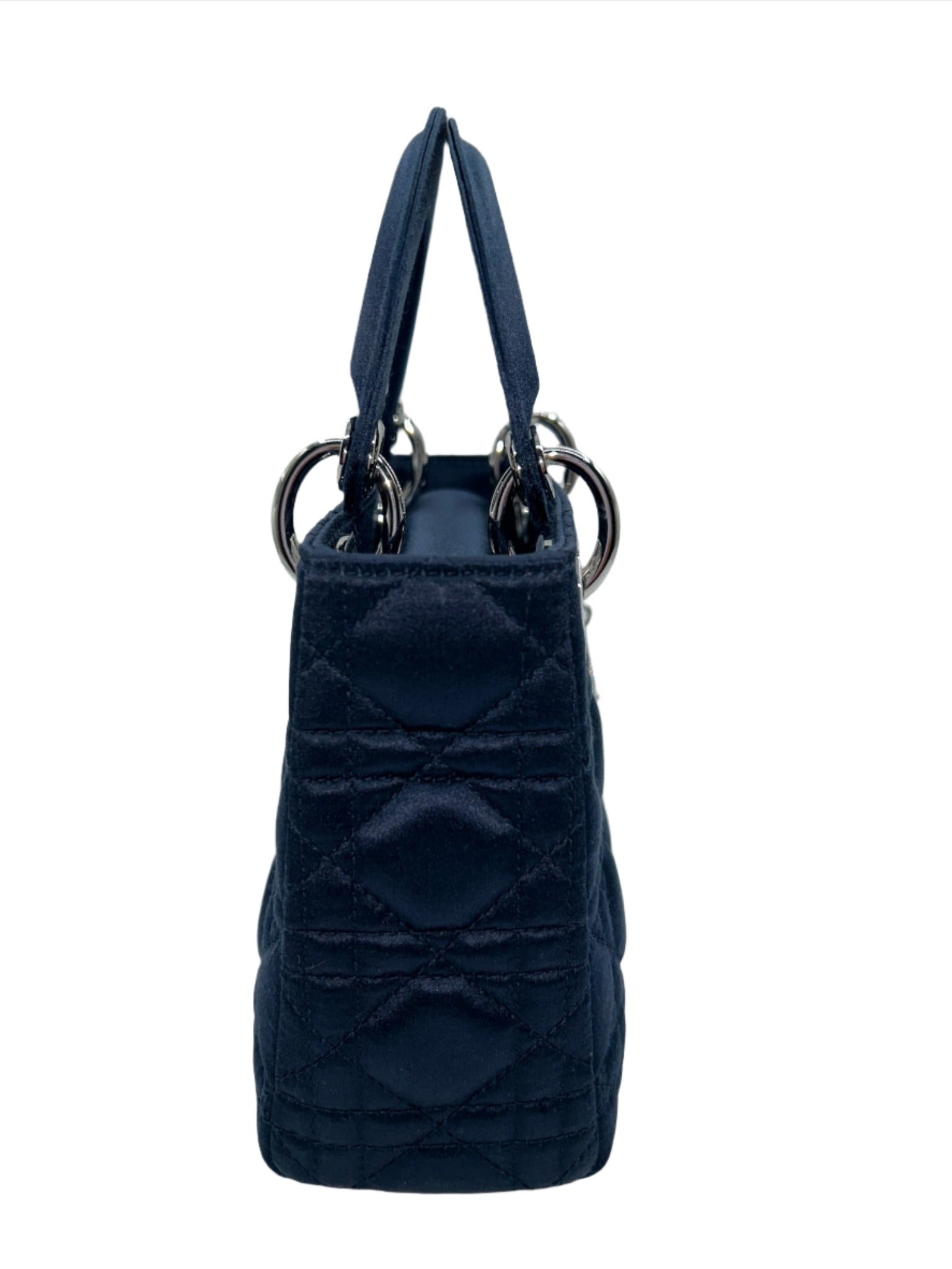 Dior Limited Edition Exclusive Princess Diana Lady Dior Blue Satin Bag with Dior Crystalized Charms and Detachable Strap