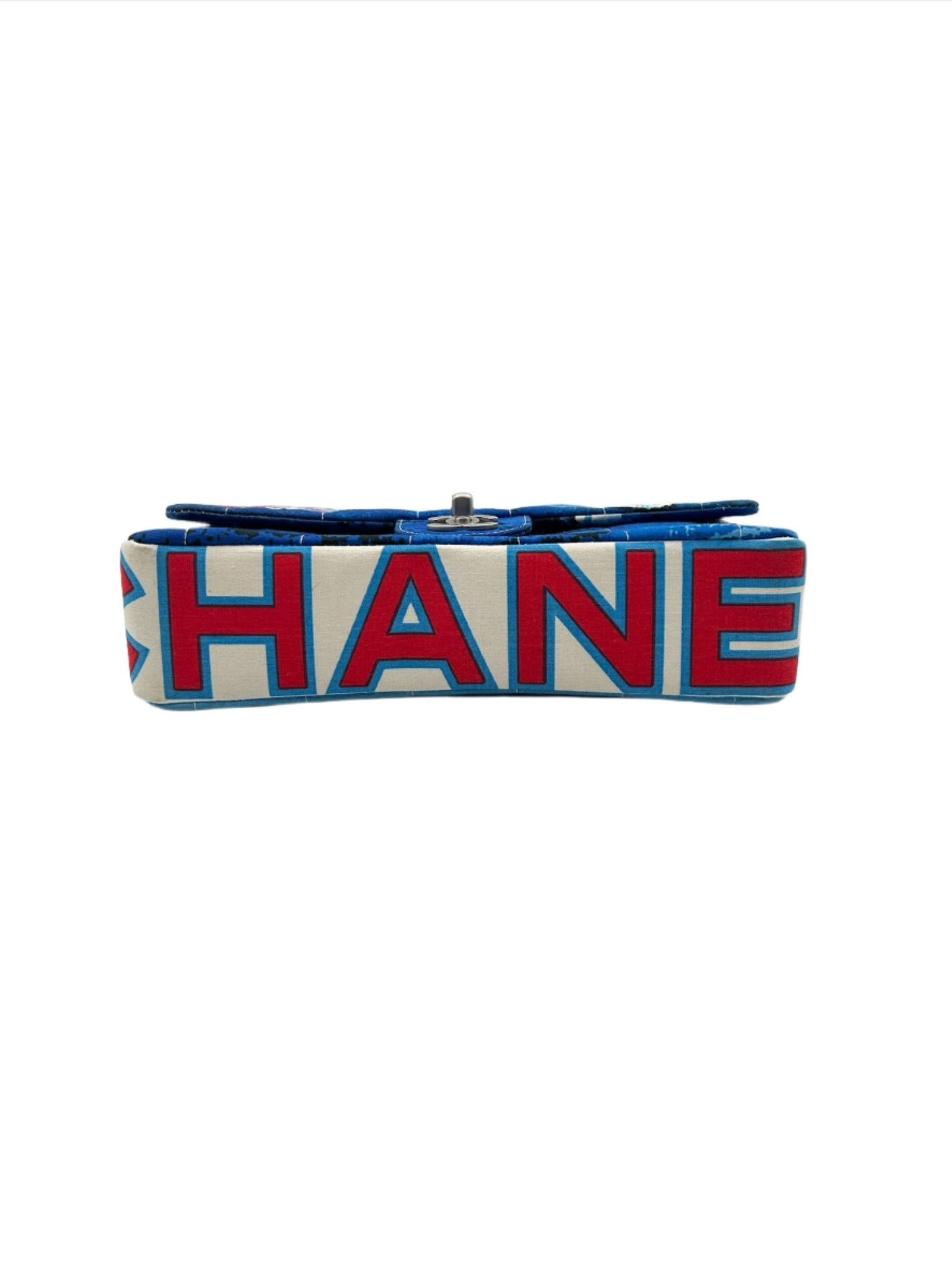 Chanel Blue with White Wave Canvas Flapbag with Red CC and Silver Hardware