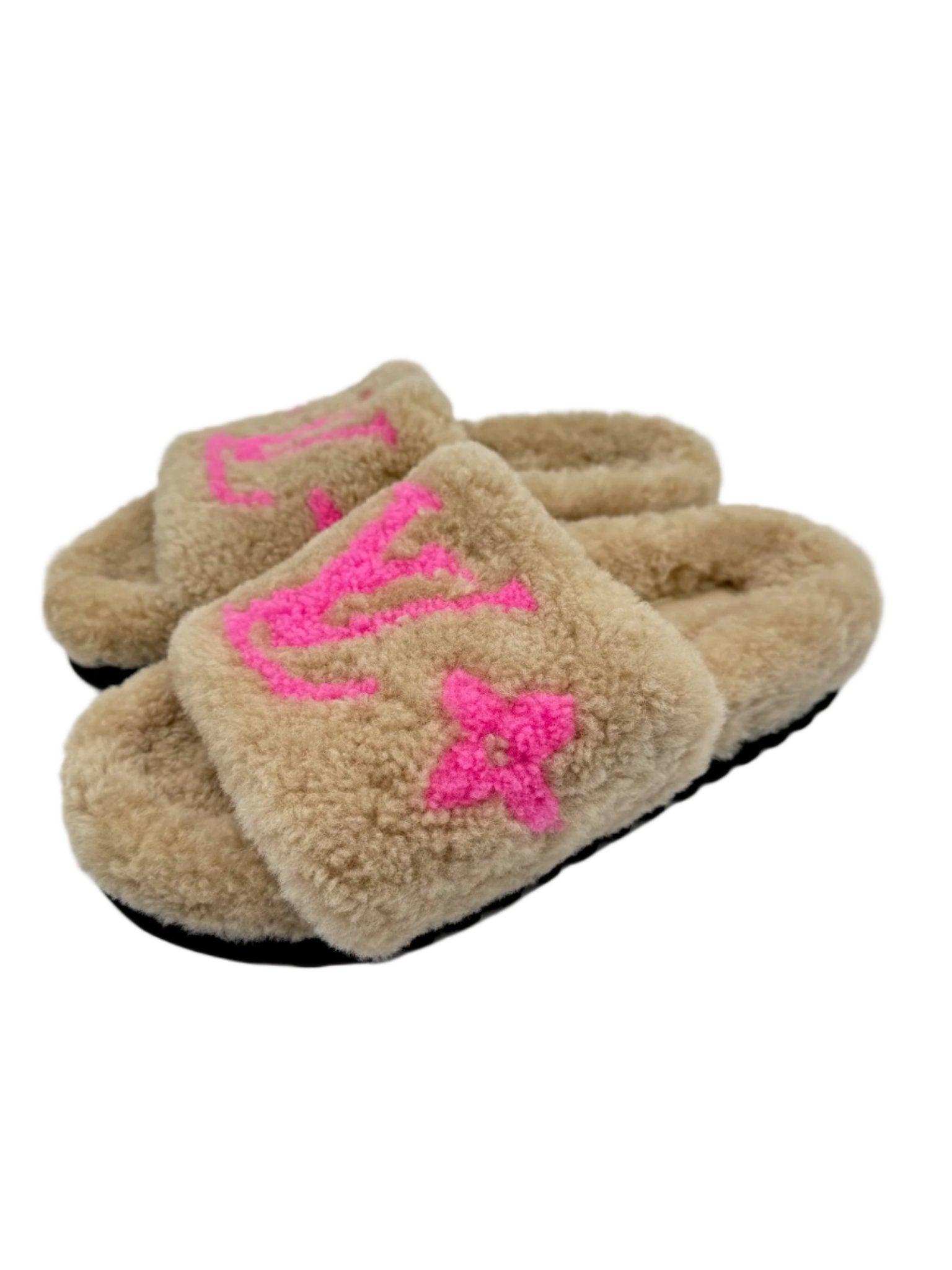 Louis Vuitton Shearling Cream and Pink LV Logo Slides Slippers - Size FR 37.5