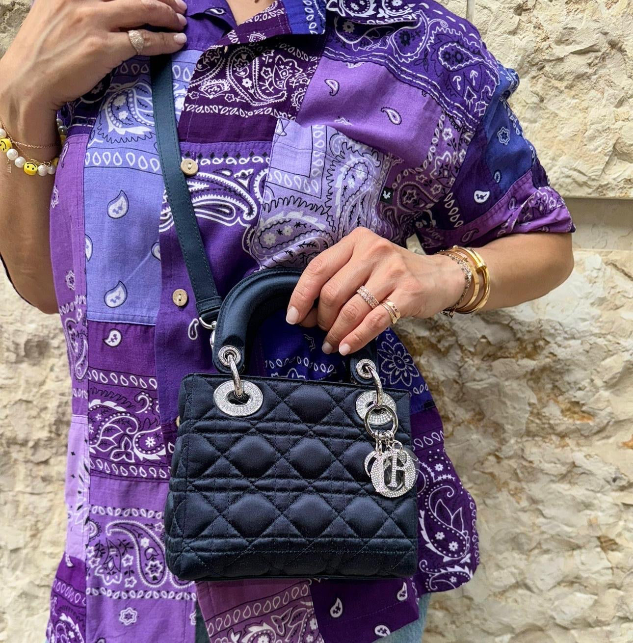 Dior Limited Edition Exclusive Princess Diana Lady Dior Blue Satin Bag with Dior Crystalized Charms and Detachable Strap