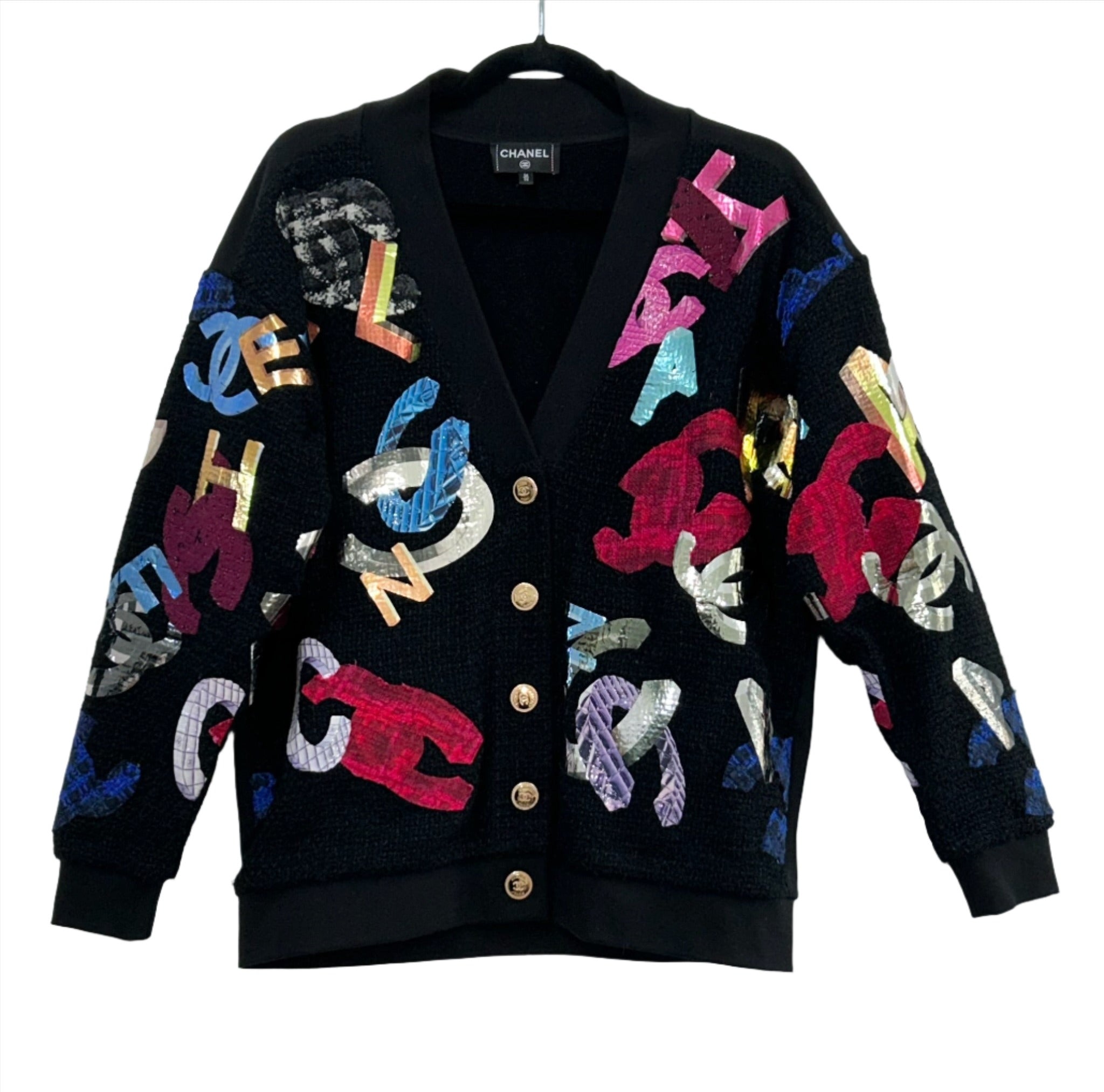 Chanel RUNWAY Black with Colorful Metallic 3D Logos Cardigan with CC B