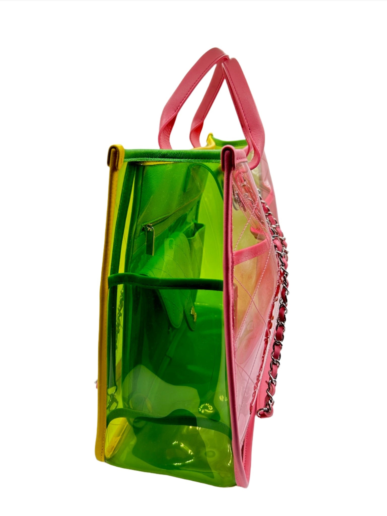 Chanel Coco Splash Yellow, Pink and Green Colorful PVC Transparent Medium Size Tote Bag with Lambskin Leather and Silver Hardware