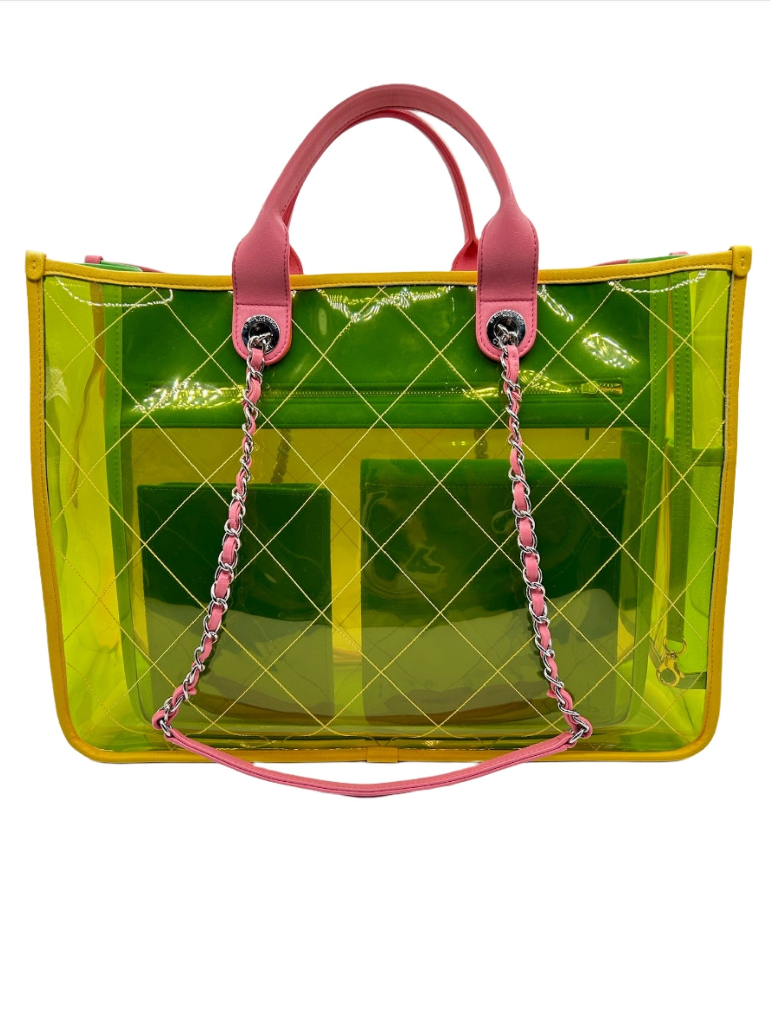 Chanel Coco Splash Yellow, Pink and Green Colorful PVC Transparent Medium Size Tote Bag with Lambskin Leather and Silver Hardware