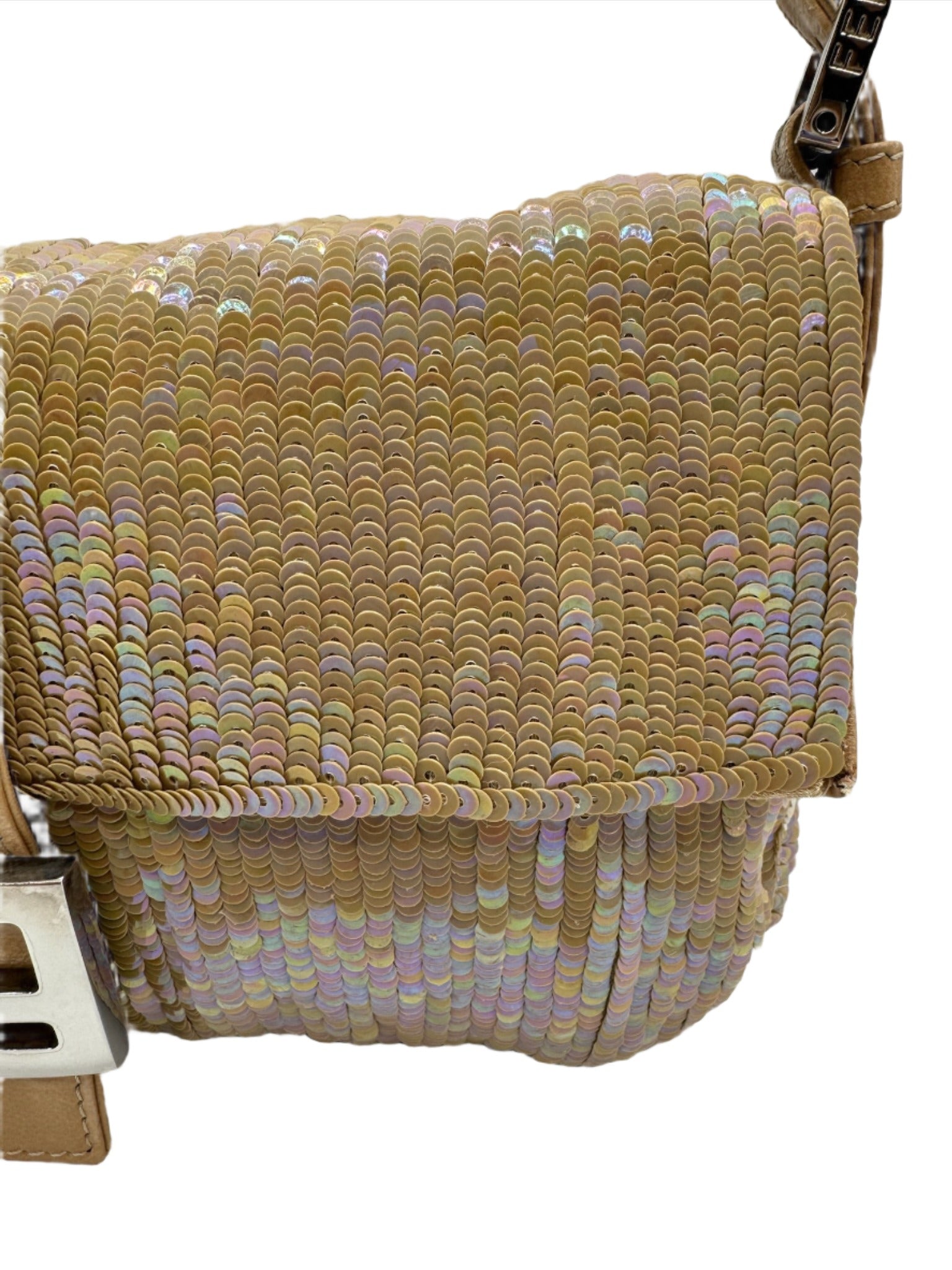 Fendi Nude Sequins Baguette with Light Brown Leather Strap and Silver Hardware