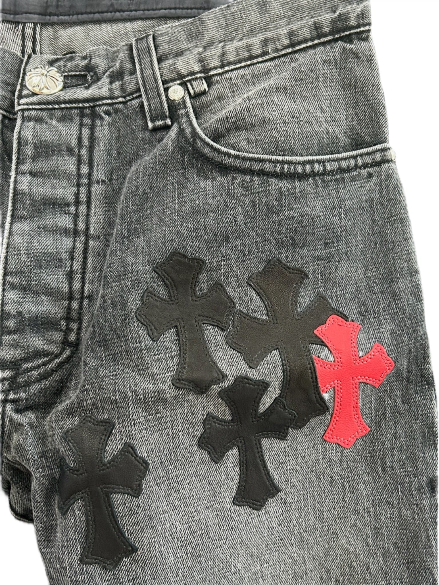 Chrome Hearts Black Jeans Red and Black Cross Leather Patches