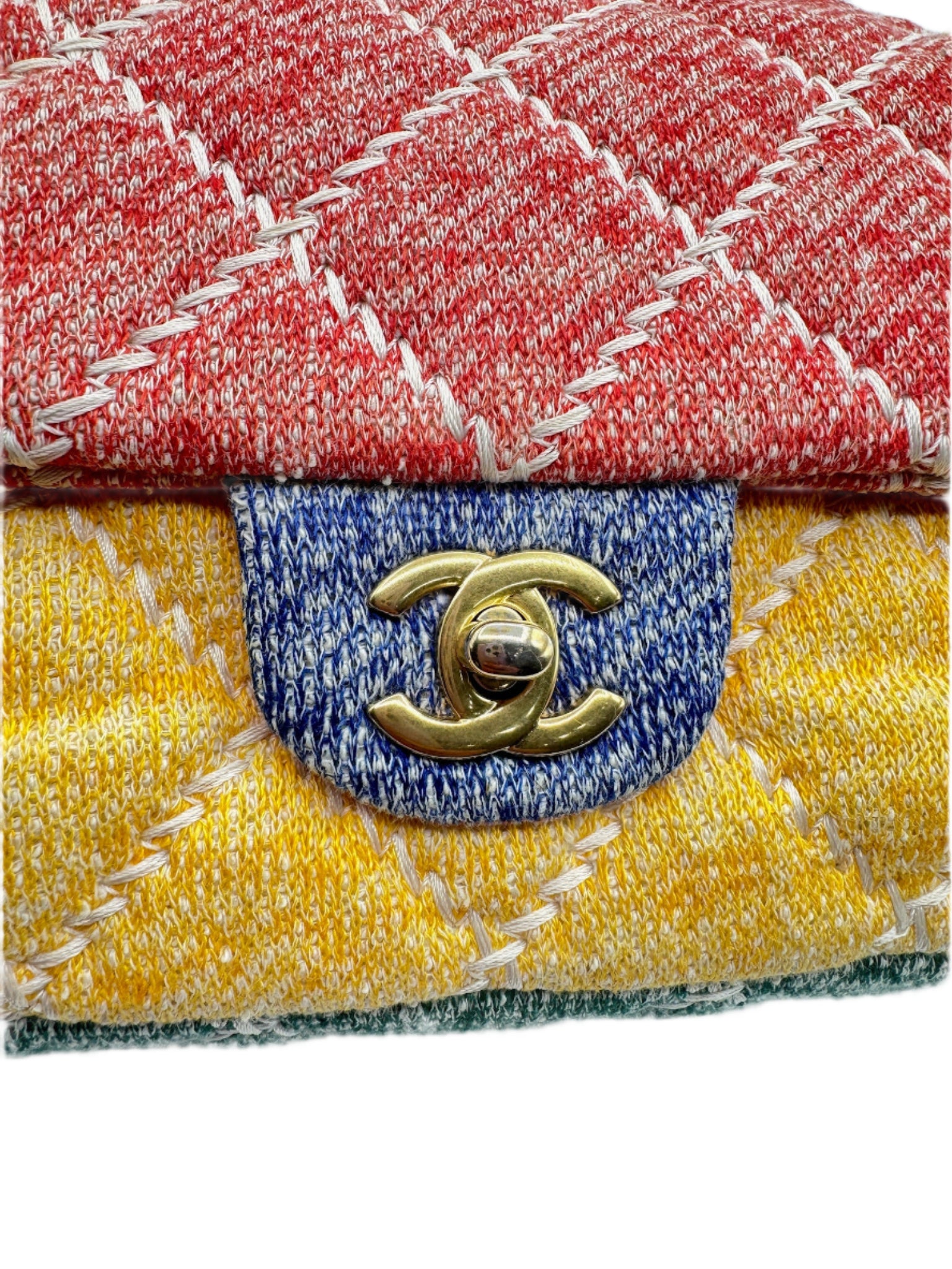 Chanel Color Block Quilted Jersey Fabric Medium Size Flapbag Gold Hardware