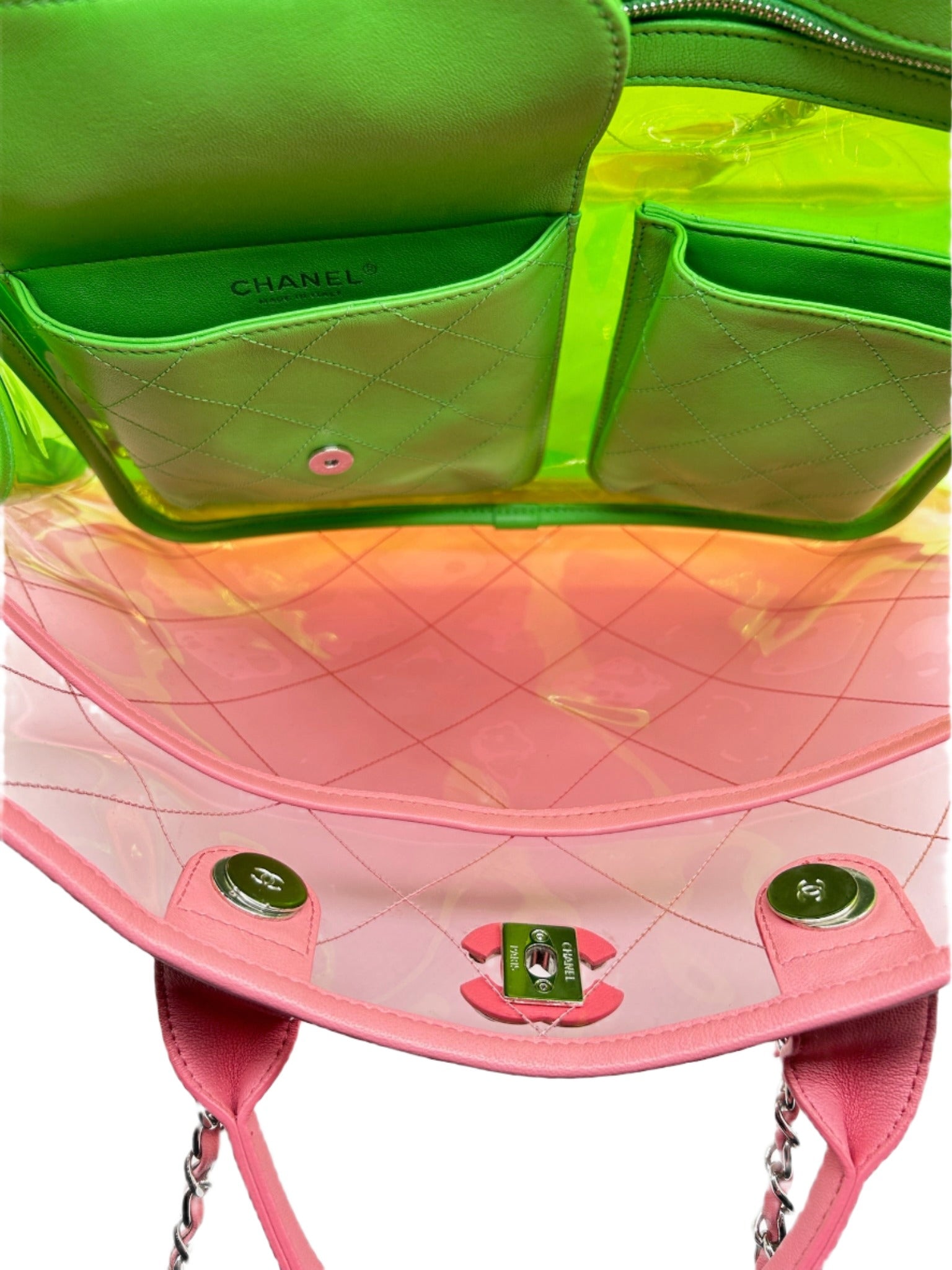 Chanel Coco Splash Yellow, Pink and Green Colorful PVC Transparent Medium Size Tote Bag with Lambskin Leather and Silver Hardware