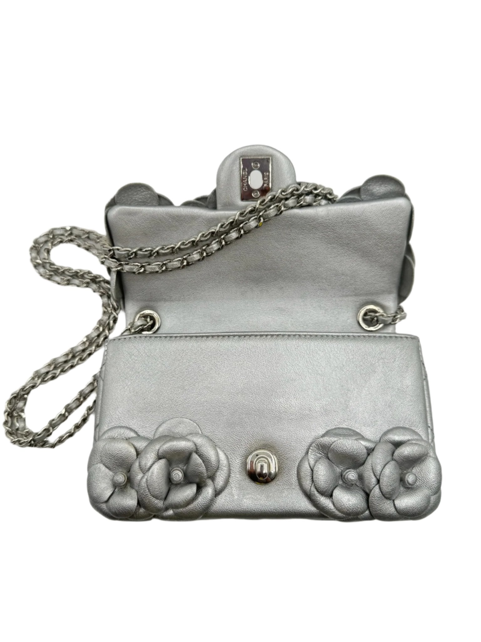 Chanel Silver Camellia Mini Flapbag