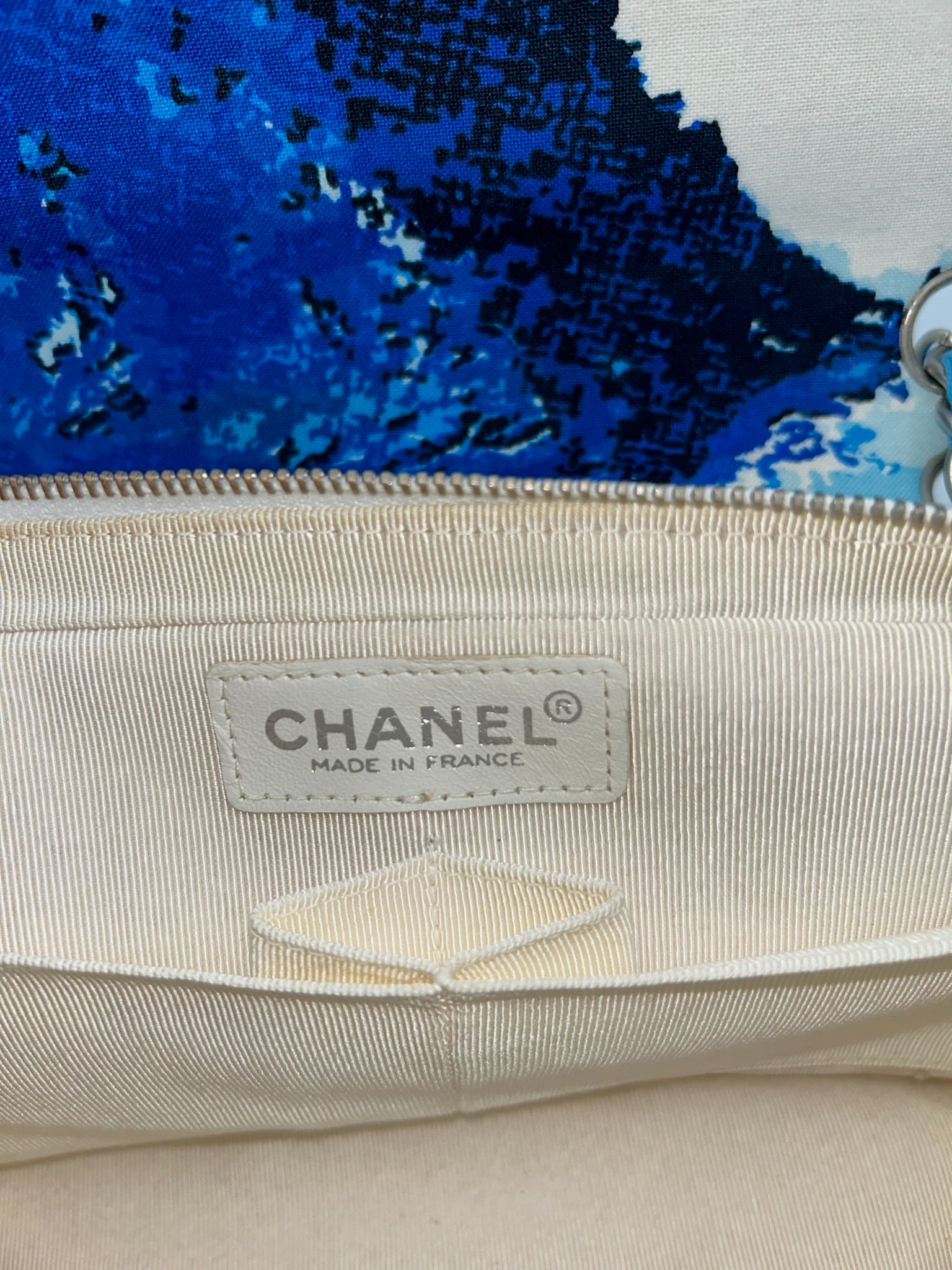 Chanel Blue with White Wave Canvas Flapbag with Red CC and Silver Hardware